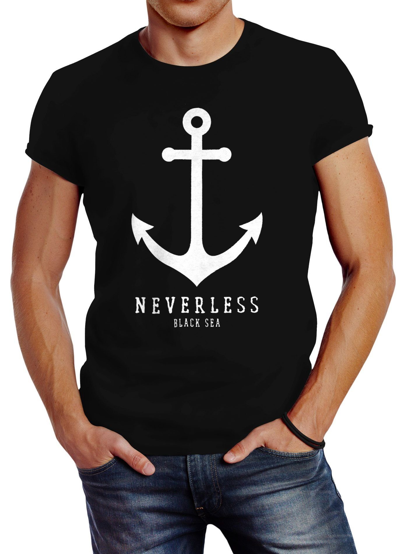 Neverless Print-Shirt Herren T-Shirt Anker Nautical Sailor Segeln Slim Fit Neverless® mit Print schwarz