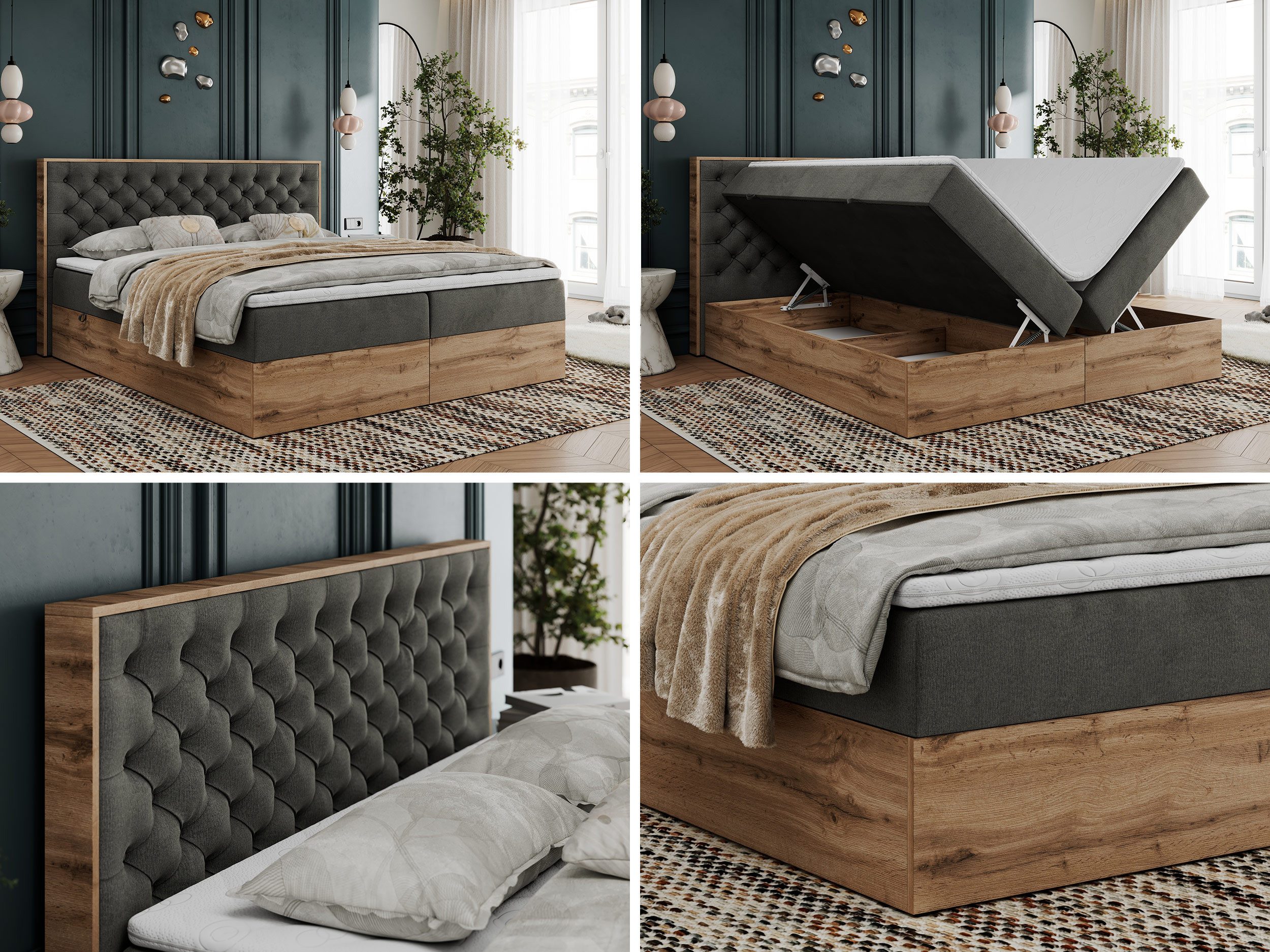 MKS MÖBEL Boxspringbett ALBERO 3 (Packung, Set, Topper T25/Visco, T30-Schaum, Stauraum, Zwei Bettkästen, Matratzen), Multipocket-Matratze, Doppelbett, mit Möbelplatten, mit Kopfstütze