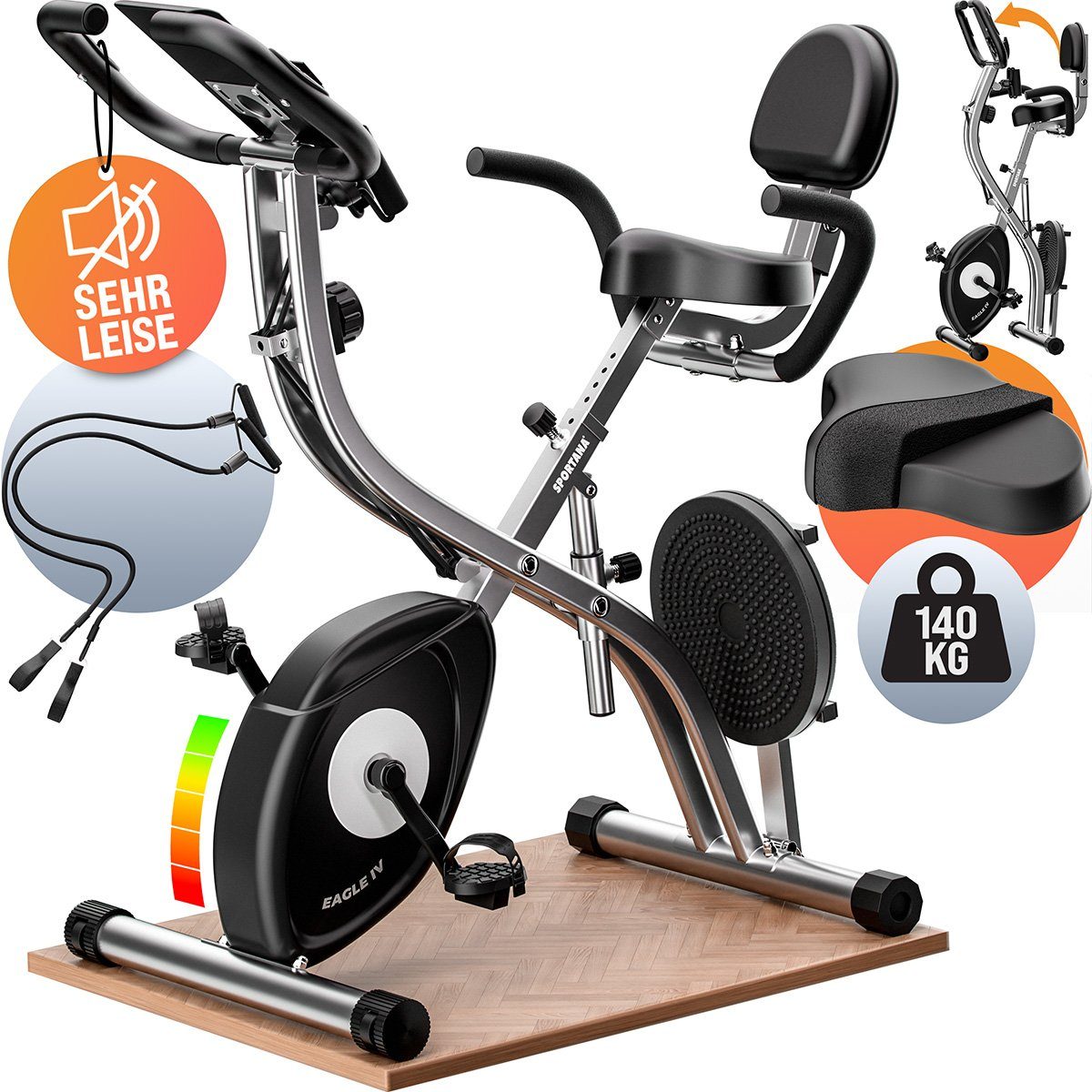 Sportana Heimtrainer Fitnessbike (1-tlg), Heimtrainer Eagle 4 klappbar 10 Stufen Pulssensoren App Hüfttrainer