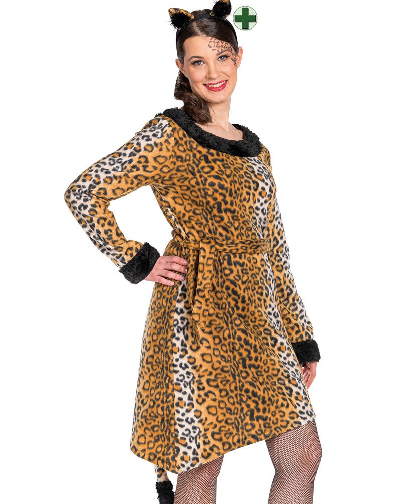 Karneval-Klamotten Kostüm Leoparden Katzen Damenkostüm mit Haarreif, Frauenkostüm Leopardenkleid Erwachsene Karneval Fasching