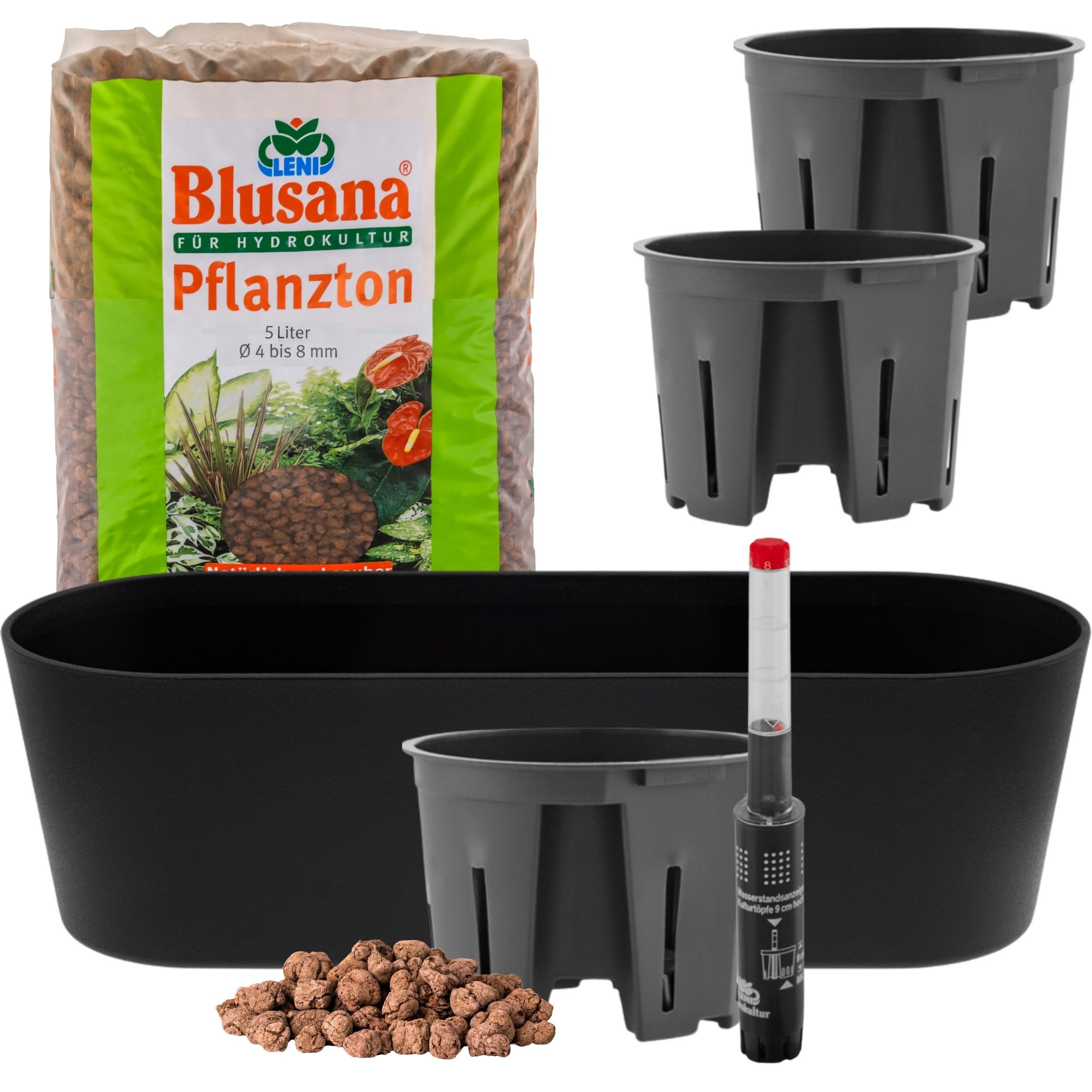 LENI Jardiniere Blumentopf länglich Pflanzkasten 36 cm lang Kräuter & Zimmerpflanzen (Komplettes Starter Set Selbstbewässerungstopf, mit 3 x Kulturtopf, 1 x Wasserstandsanzeiger, 5l Pflanzton), Übertopf ohne Loch für Hydrokultur & Erde, perfekt als Kräuter-Topf