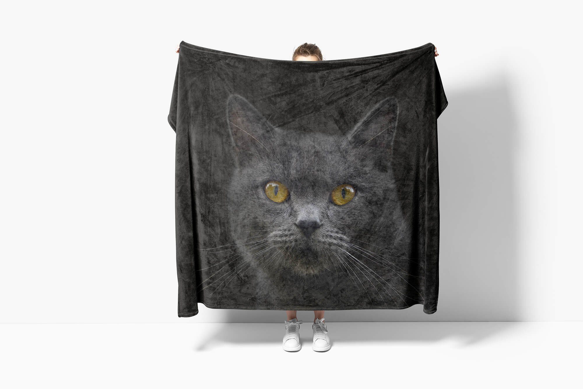 Sinus Art Handtuch Kuscheldecke Schwarze Katze, Baumwolle-Polyester-Mix (1-St), Strandhandtuch Tiermotiv Handtuch Saunatuch mit Handtücher