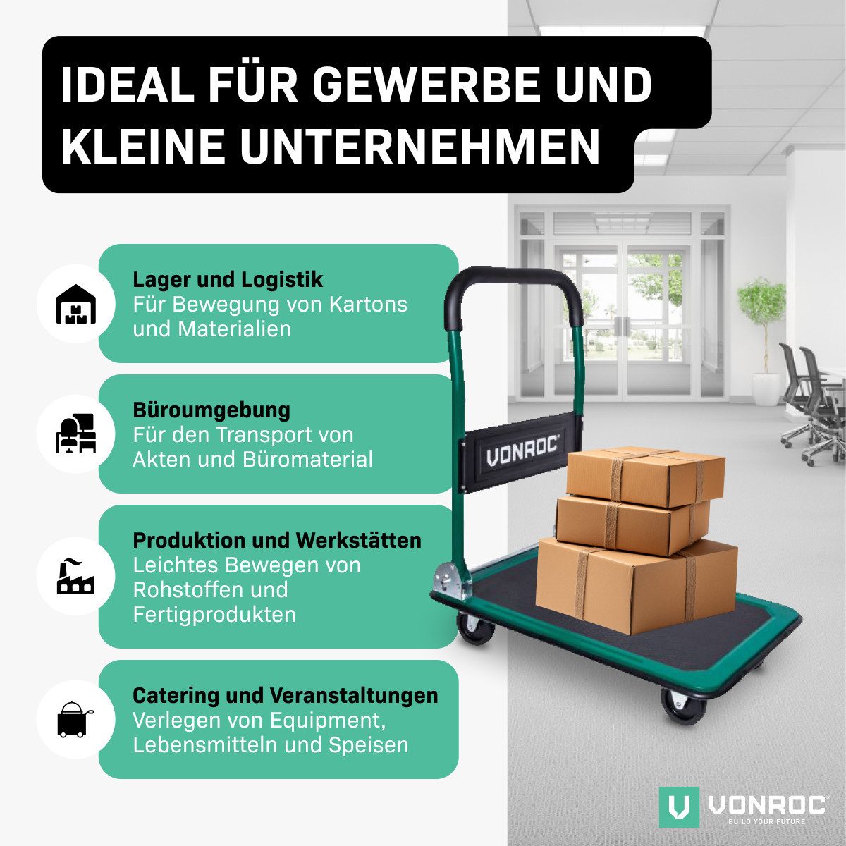 VONROC Transportwagen Plattformwagen klappbar, (150kg - 360° drehbare Gummi-Räder), Rollwagen mit Griff und Antirutsch Oberfläche – Bild 4 von 5
