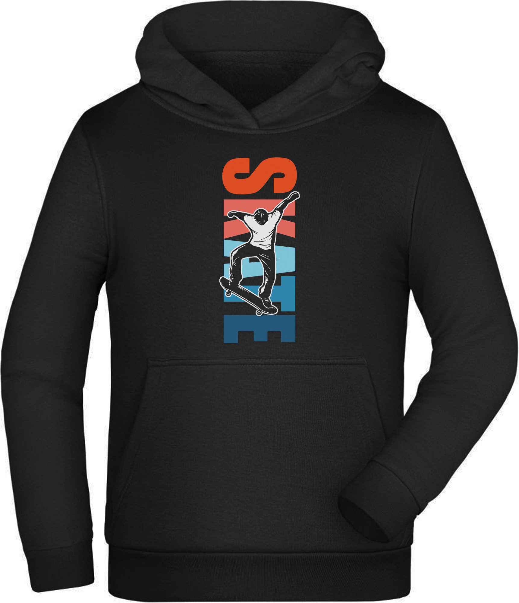 Hoodie Kinder Kapuzensweater - Springender Skater vor buntem Skate Schriftzug