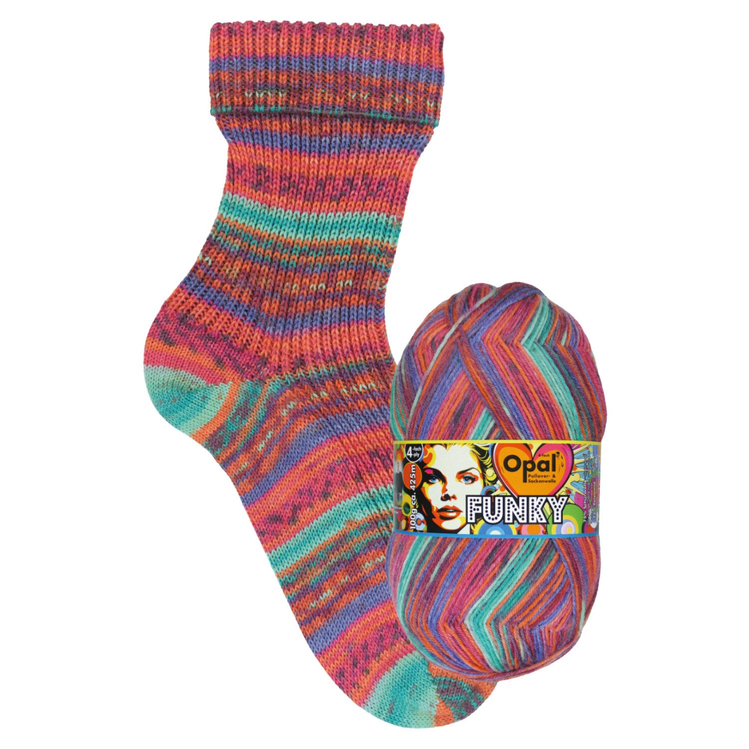 Opal FUNKY 4-fach Pullover- und Sockenwolle Häkelwolle, 425 m (Strapazierfähige Wolle mit frechem Farbdesign), 100 g