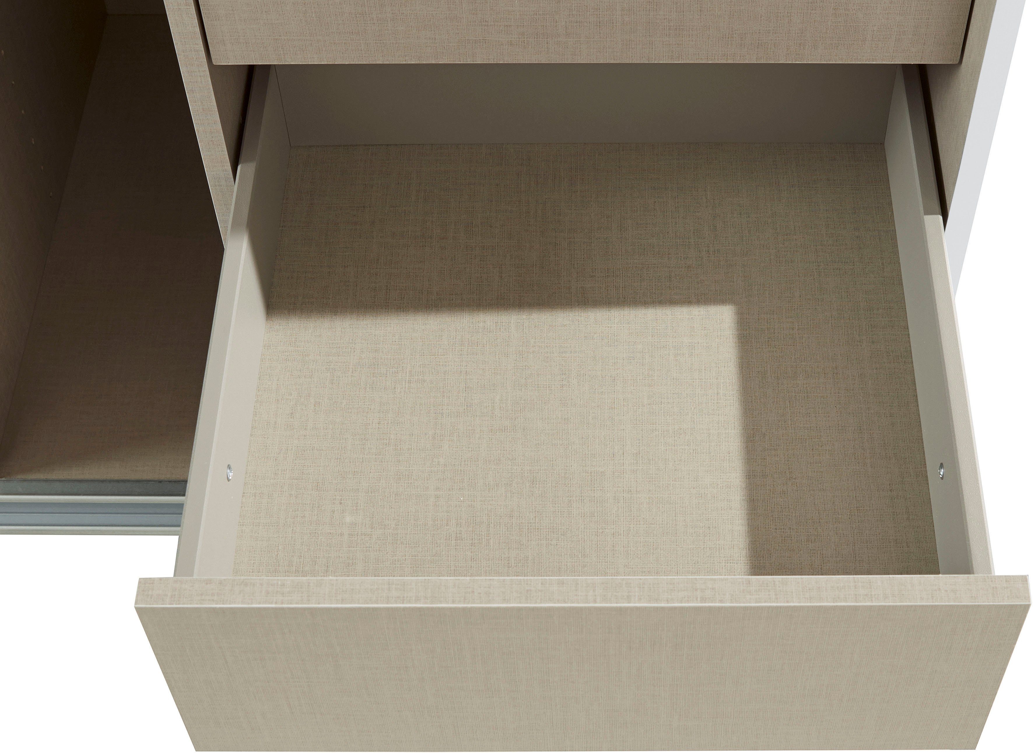 Weiß Böden mit rauch zusätzlichen Oteli Schwebetürenschrank Wäscheeinteilung 3 Innenschubladen inkl. sowie Weiß/Hochglanz