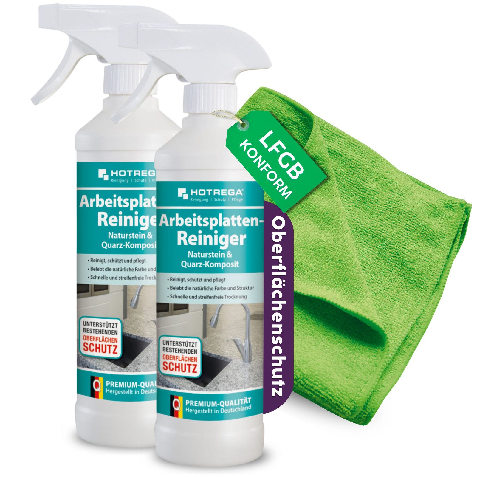 HOTREGA® Arbeitsplatten Reiniger Naturstein Quarzkomposit 2x500ml + Tuch Küchenreiniger