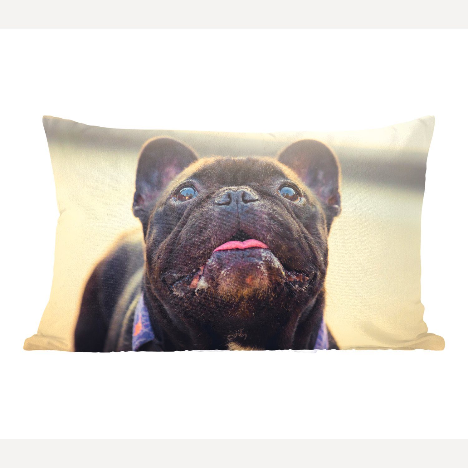 Schlafzimmer Französische Bulldogge mit Dekoration, Sonne, Wohzimmer Dekokissen - Füllung, Zierkissen, MuchoWow Dekokissen Schwarz -