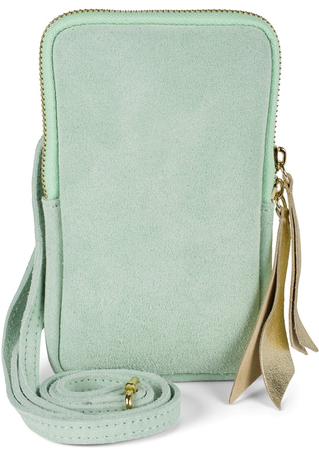 styleBREAKER Mini Bag (1-tlg), Echtleder Handy Umhängetasche Veloursleder Mint