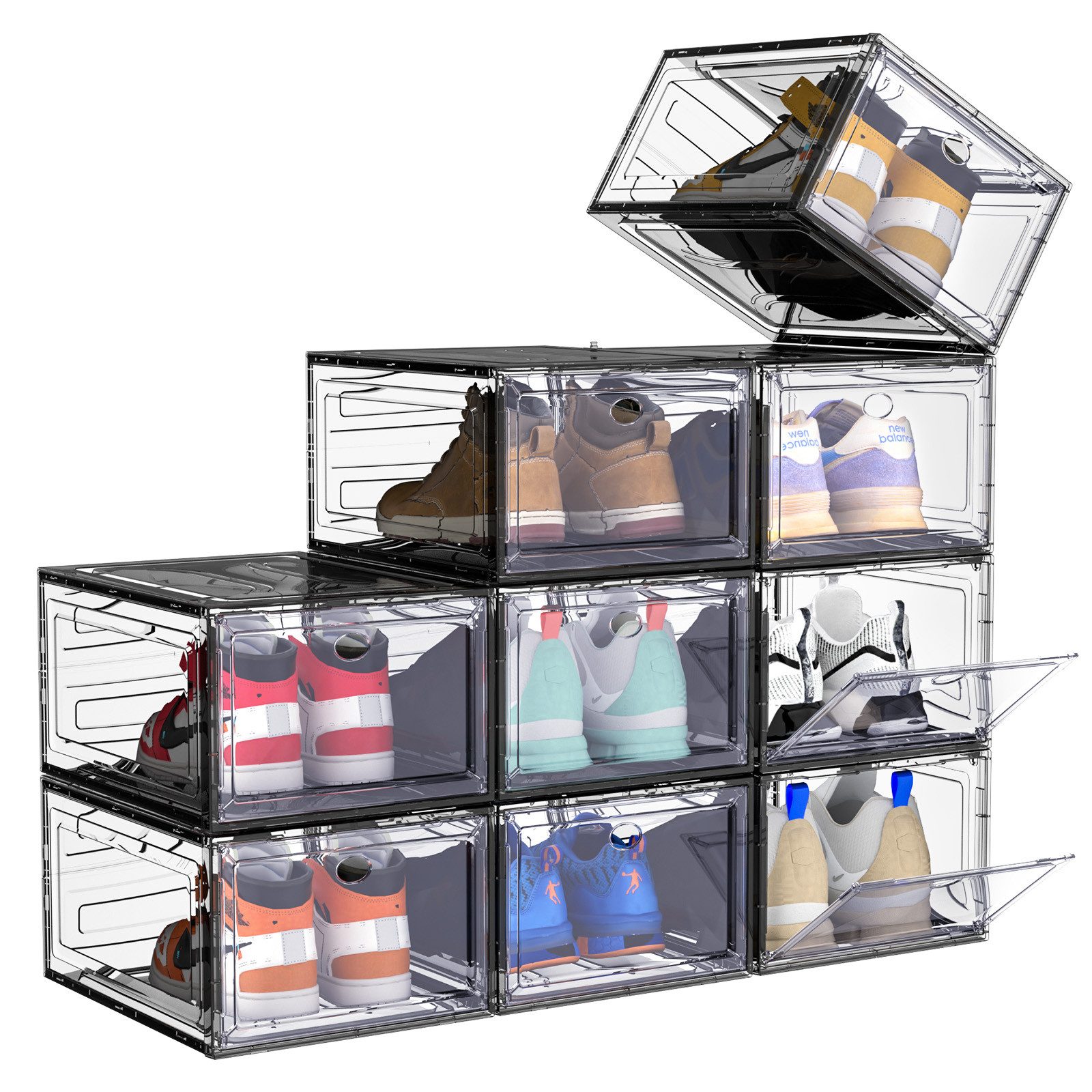 POPOLIC Schuhkiste 6/9/10 Stück Schuhboxen stapelbar Schuhboxen aus klarem Kunststoff (Hartplastik Schuhbox mit Deckel, 9 St., Schuhorganisatoren mit Magnettür für Größe 46 - Hartplastik), faltbar und stapelbar, für Stöckelschuhe,Pumps, Schuhaufbewahrung