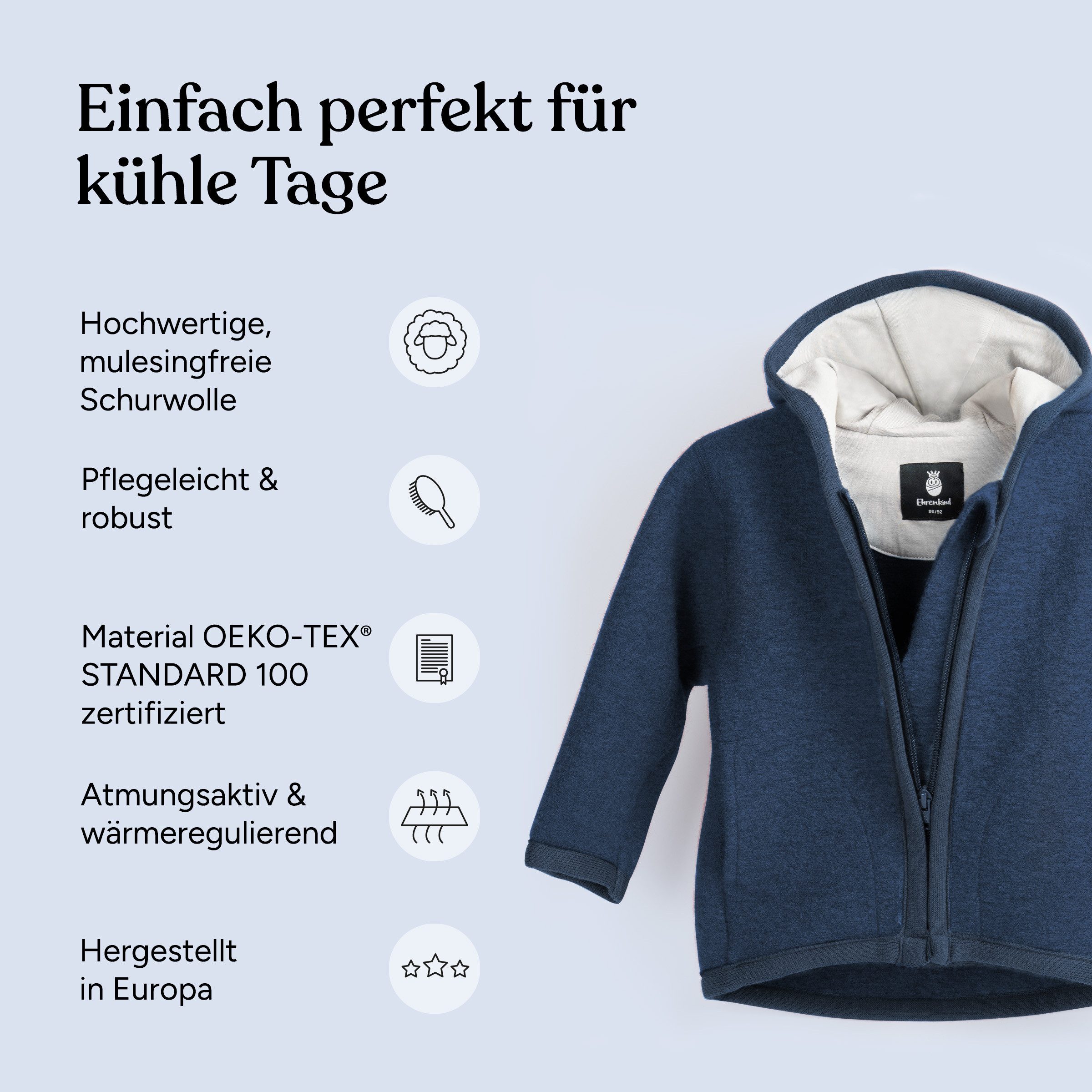 Ehrenkind Walkjacke, Jacke für Kinder aus Merino Schurwolle mit Reißverschluss (aus hochwertiger Walkwolle, atmungsaktiv und temperaturausgleichend) Jacke für Jungen und Mädchen