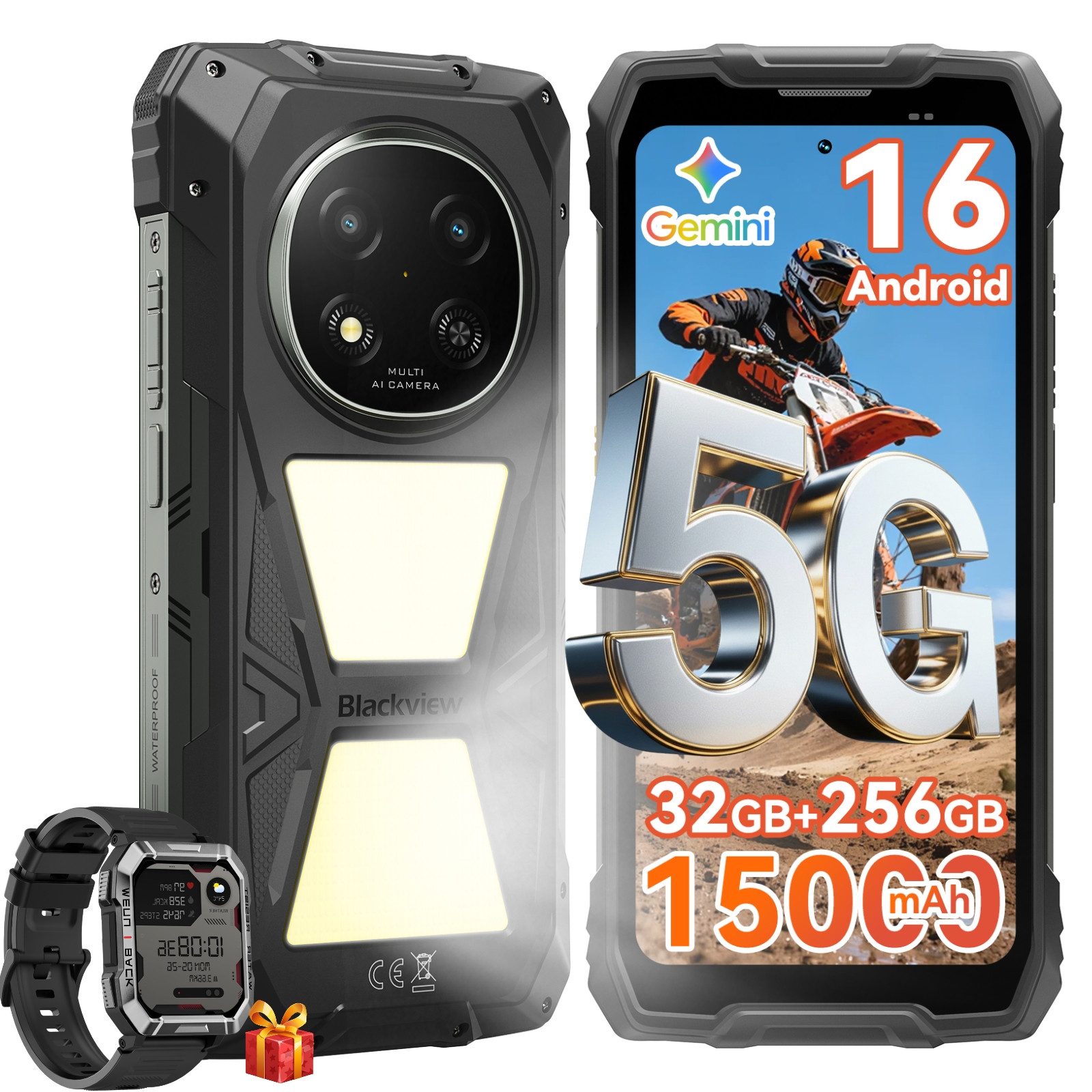 blackview ROCK 2 Pro 5G, 15000 mAh, 400 Lm Campinglicht, IP69K incl. W60 Smartphone (16,94 cm, 256 GB Speicherplatz, 13 MP Kamera, Campinglicht, SOS-Modus, OTG Reverse Charging, Glove Mode, 33W)