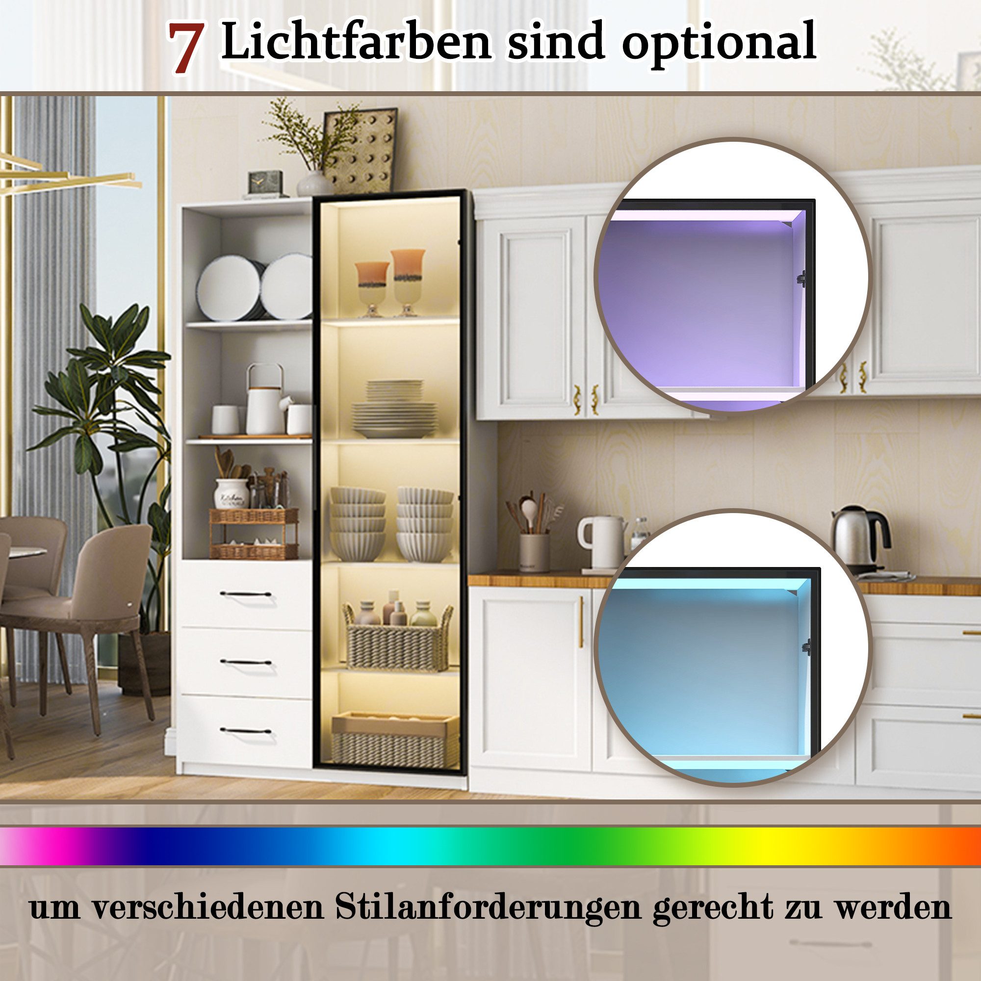Celya Vitrine Küchenschränke Bücherschrank mit Glastür und LED-Beleuchtung (mit 3 Schubladen und 3 offene Fächer, Aluminiumrahmen) Ideal für für Wohn-, Schlaf-, Arbeits- oder Esszimmer