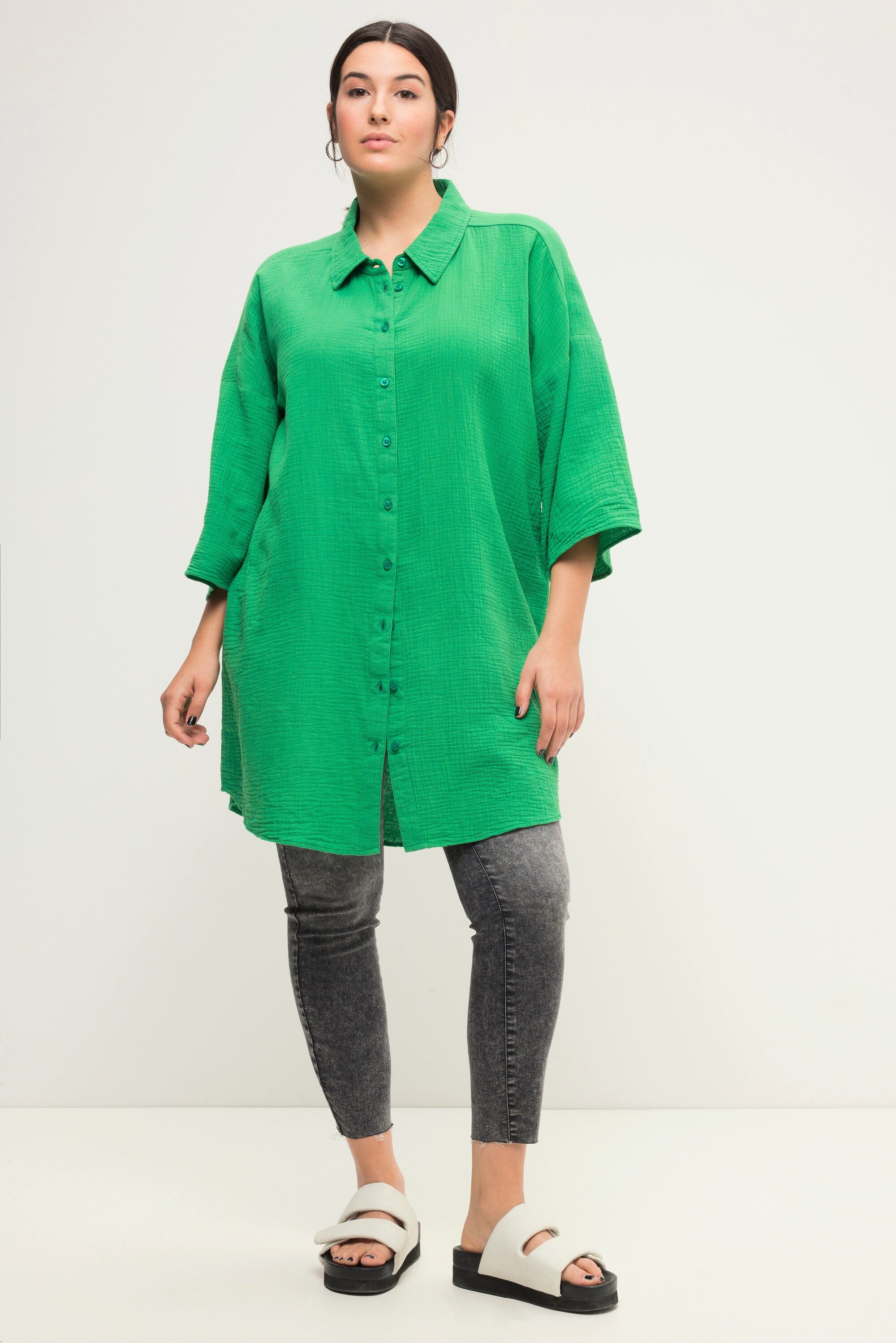 Hemdbluse Long-Musselinhemd oversized Hemdkragen Halbarm