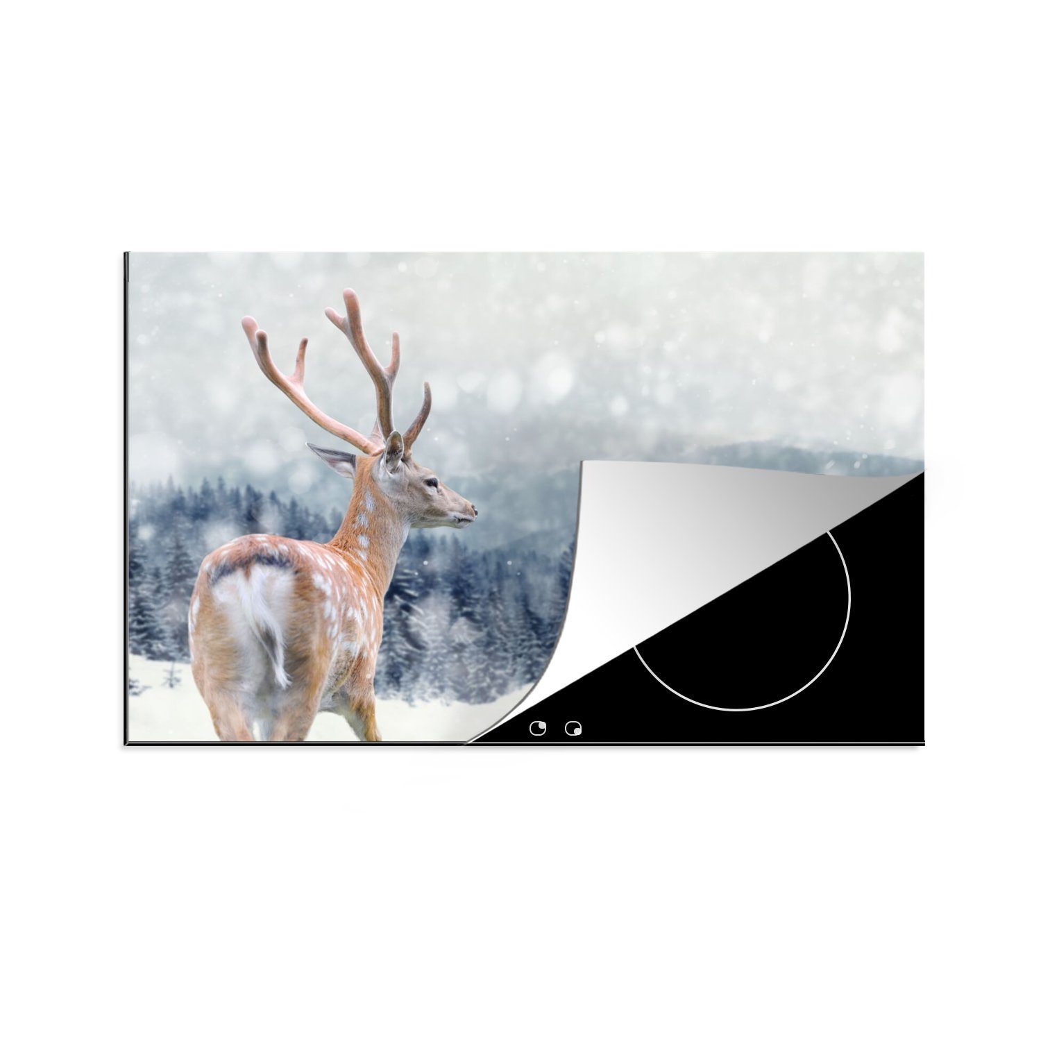 MuchoWow Herdblende-/Abdeckplatte Winter - Hirsche - Tiere, Vinyl, (1 tlg), 80x52 cm, Induktionskochfeld Schutz für die küche, Ceranfeldabdeckung