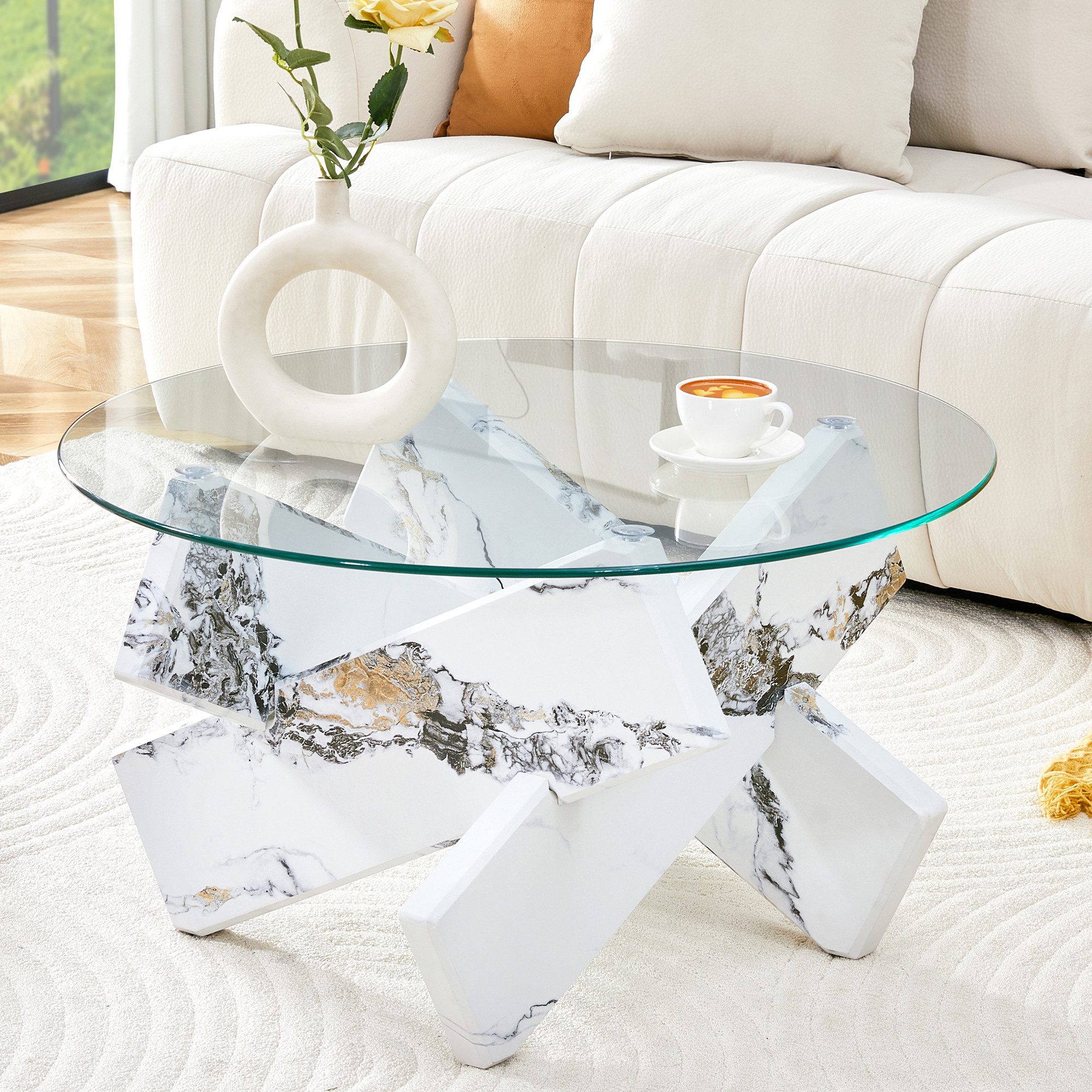 MODFU Esstisch Runder Couchtisch (mit kreativer Kreuzstütze Transparent, 1-St., 79*79*45)