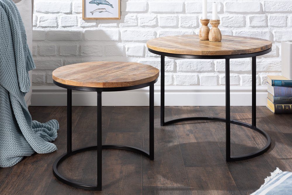 riess-ambiente Beistelltisch ELEMENTS Ø60cm natur / schwarz (Set, 2-St), Mango-Massivholz · Metall-Gestell · rund · Industrial Design