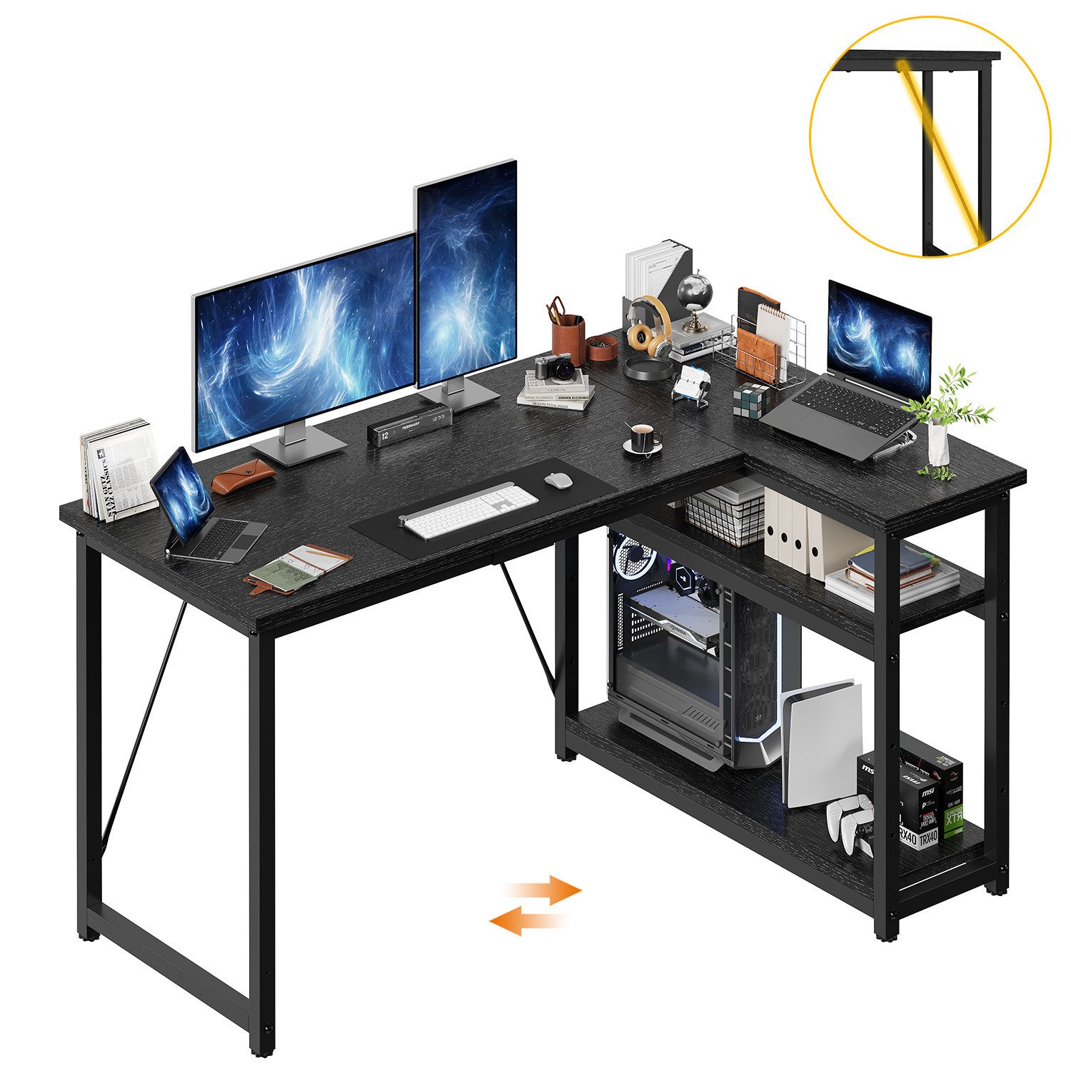 GUNJI Eckschreibtisch Eckschreibtisch Umkehrbarer L-förmiger Computer schreibtisch mit Hutch (Maße: 1 m/1,2 m/1,4 m/1,6 m, Schreibtisch mit verstellbaren Einlegeböden)