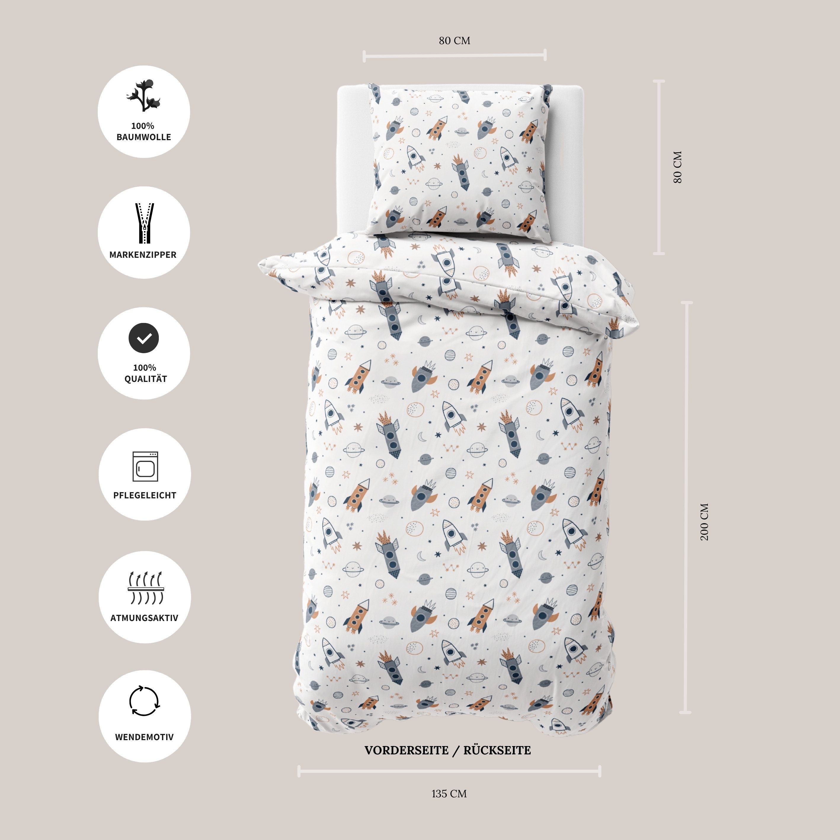 MTOnlinehandel Kinderbettwäsche Space Weltall-Abenteuer 135x200 + 80x80 cm in Renforcé, Rakete, 100% Baumwolle, 2 teilig, Galaxis • Weltall • Blau • Weiß • Beige