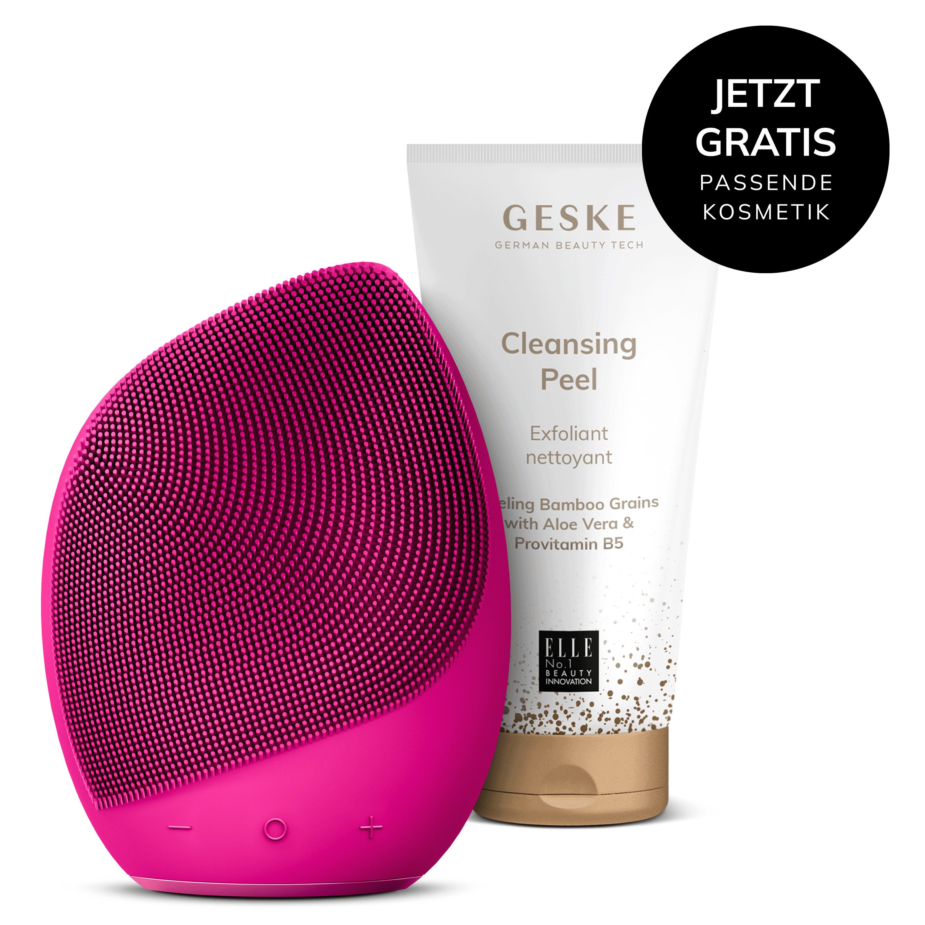 GESKE German Beauty Tech Elektrische Gesichtsreinigungsbürste Sonic Facial Brush 5 in 1 Farbe: Magenta + Gratis Kosmetik, Packung (Gerät & USB-Ladekabel), 2-tlg., Gerät inkl. kostenloser APP (SmartAppGuided Device), Anti-Aging Massage-, SmartSonic Pulsation- & Tiefen-Wärme-Technologie