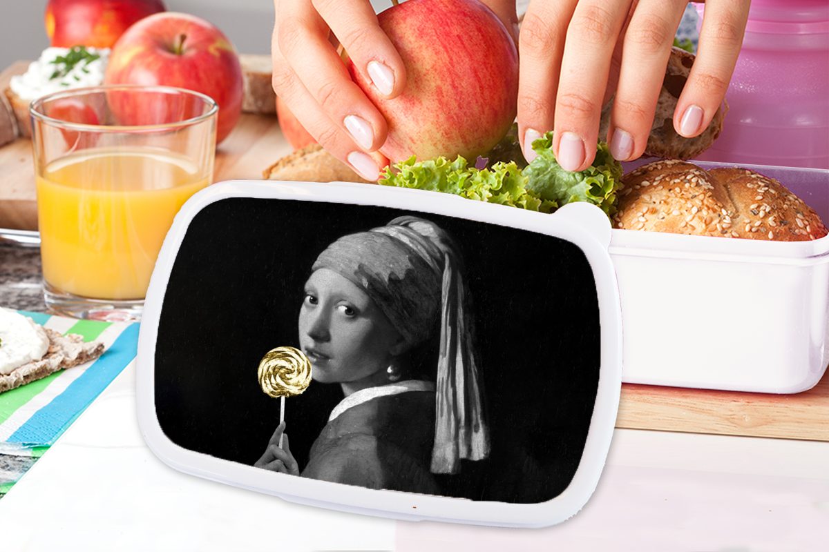 MuchoWow Lunchbox Mädchen mit Perlenohrring Erwachsene, Vermeer Kunststoff, - (2-tlg), Brotbox Mädchen Brotdose, und und - weiß, und Schwarz Jungs Johannes für für Kinder