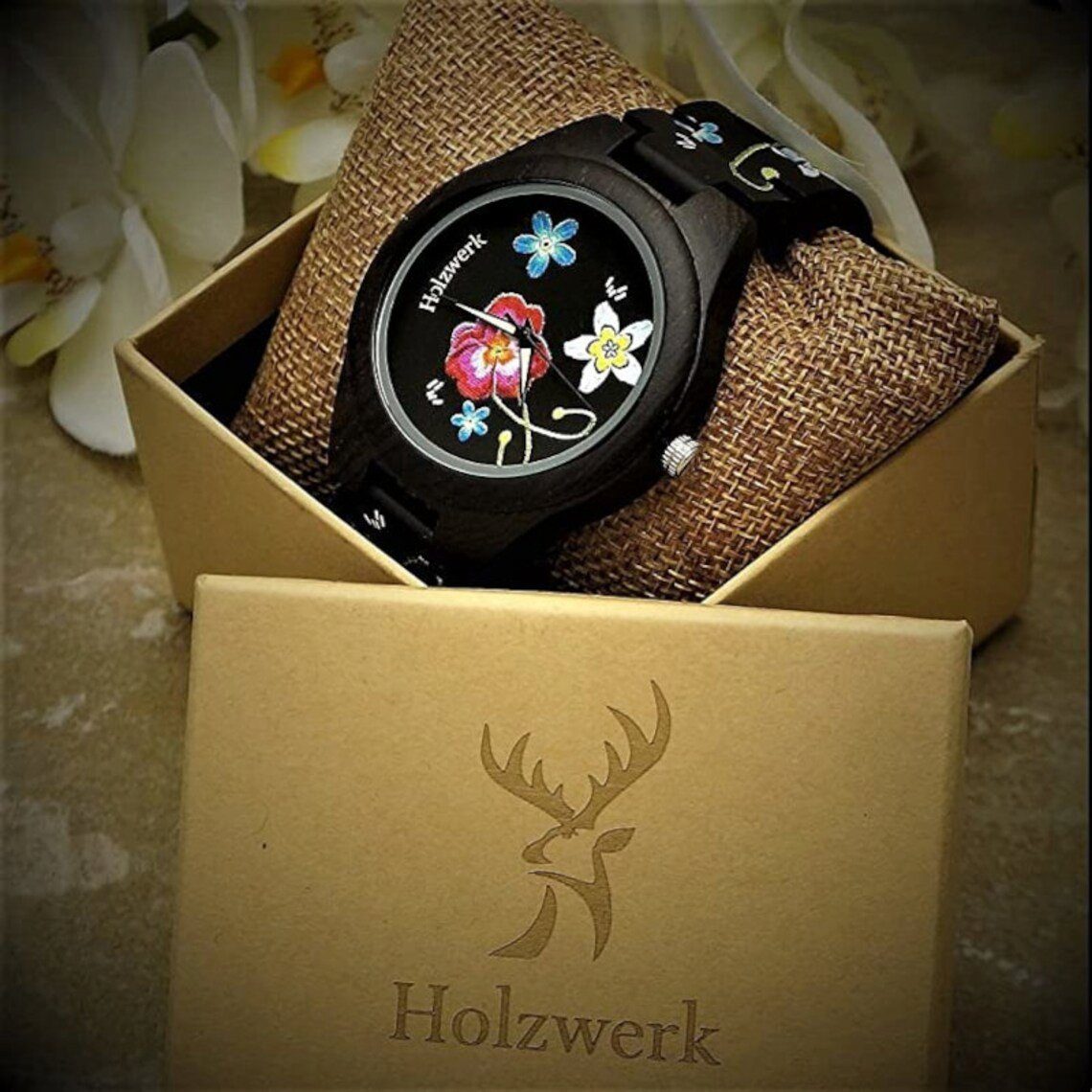 Armband mit bunt Muster Uhr Quarzuhr Blumen schwarz, in FLOWER Holz Holzwerk Damen