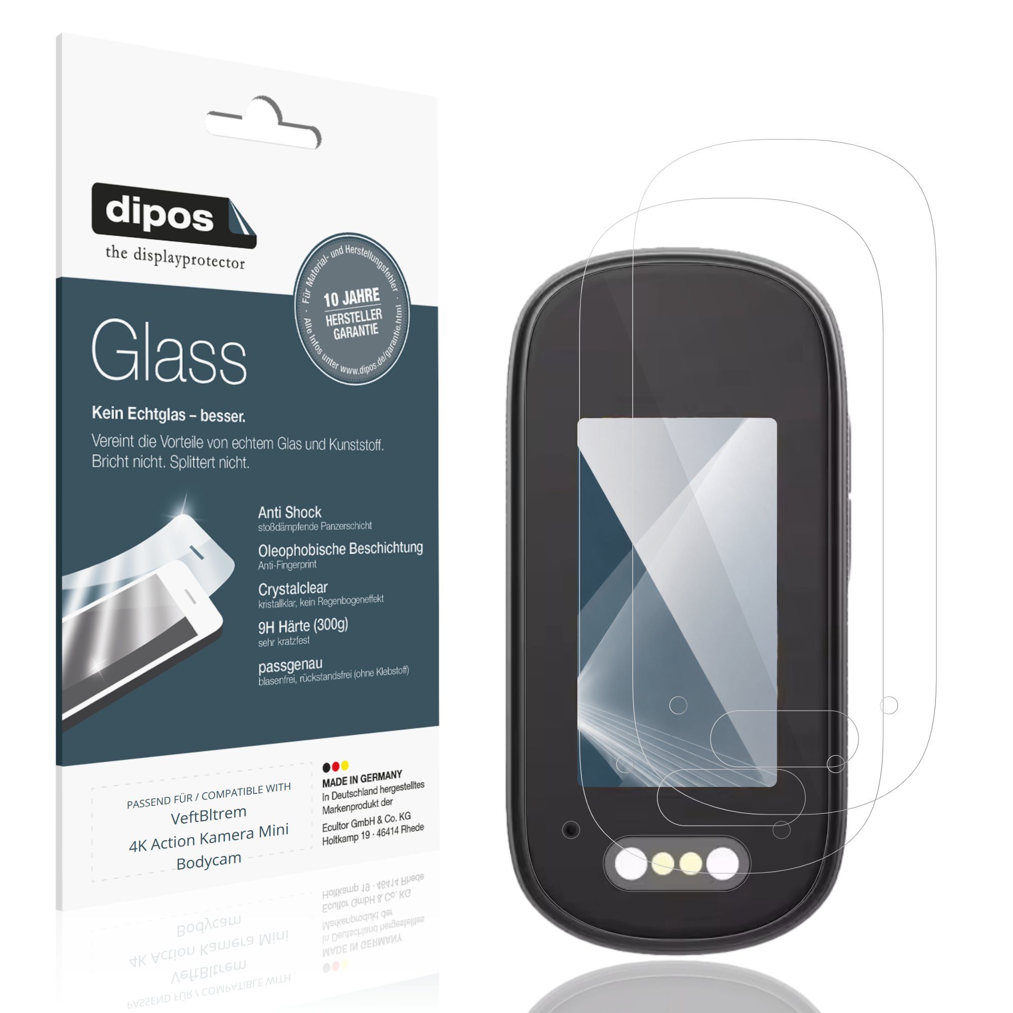 dipos Displayschutzfolie Schutzfolie für VeftBltrem 4K Action Kamera Mini Bodycam, 2 Stück, Displayschutz Schutz Folie Made in Germany
