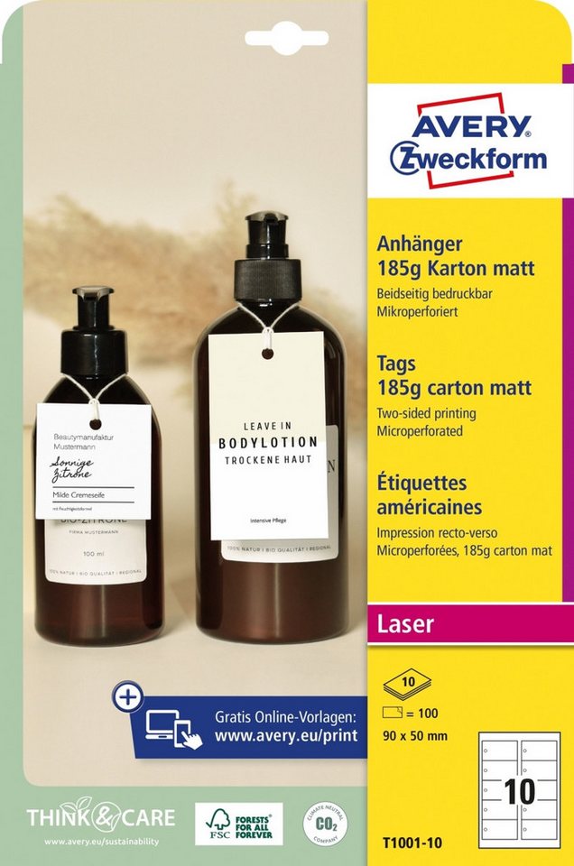 Thumbnail - Avery Zweckform Etiketten Anhänger Karton 90x50 mm beidseitig beschichtet VE=100 Stück / 10 Bög.