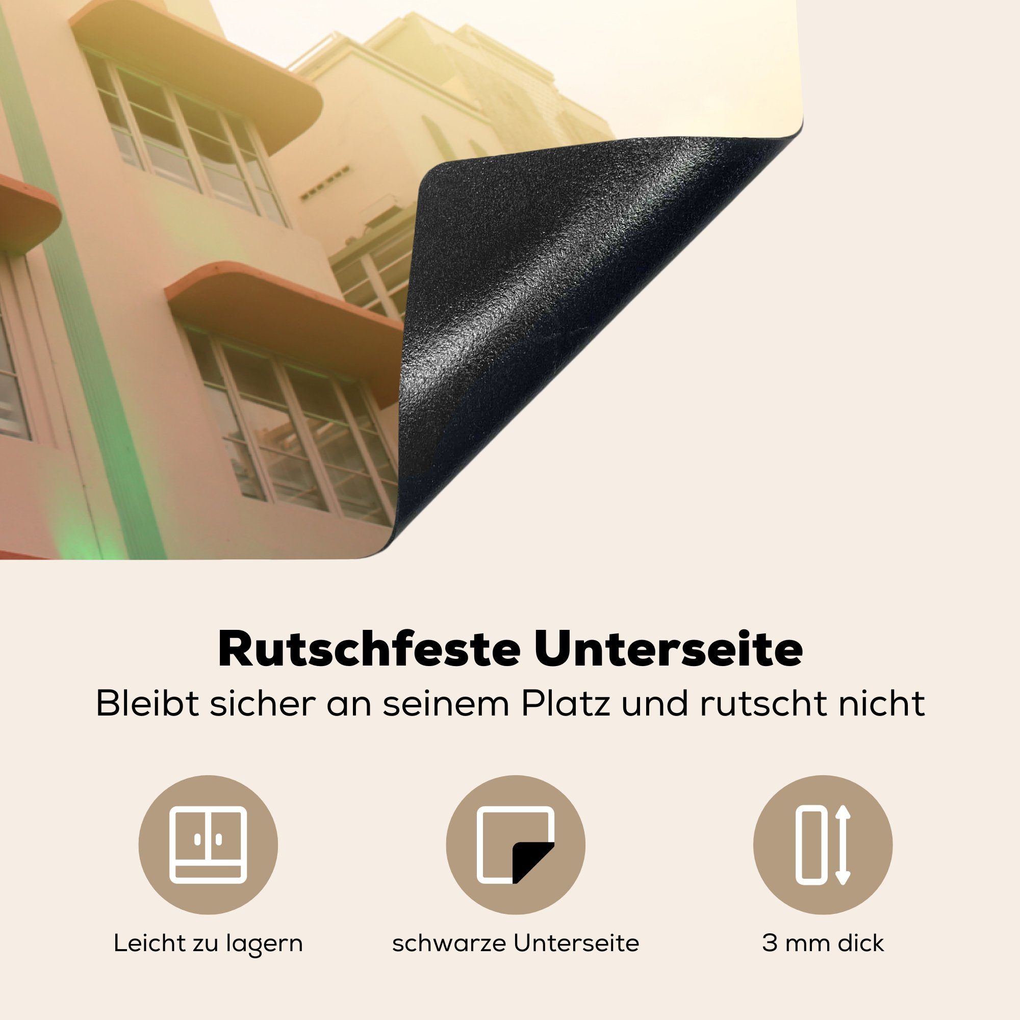 MuchoWow Herdblende-/Abdeckplatte Rosa und türkisfarbene Fassade Induktionskochfeld tlg), Ceranfeldabdeckung Art-Déco-Viertel Hotels für 81x52 Vinyl, eines Schutz die in, (1 cm, küche, im