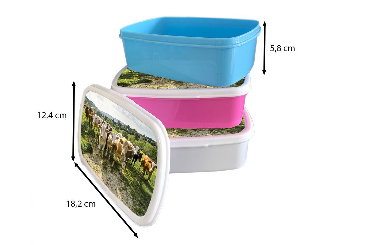 MuchoWow Lunchbox Bauernhof Brotdose, Gras, weiß Kühe und (2-tlg), für Kinder Brotbox Mädchen für Jungs - - Erwachsene, und Kunststoff