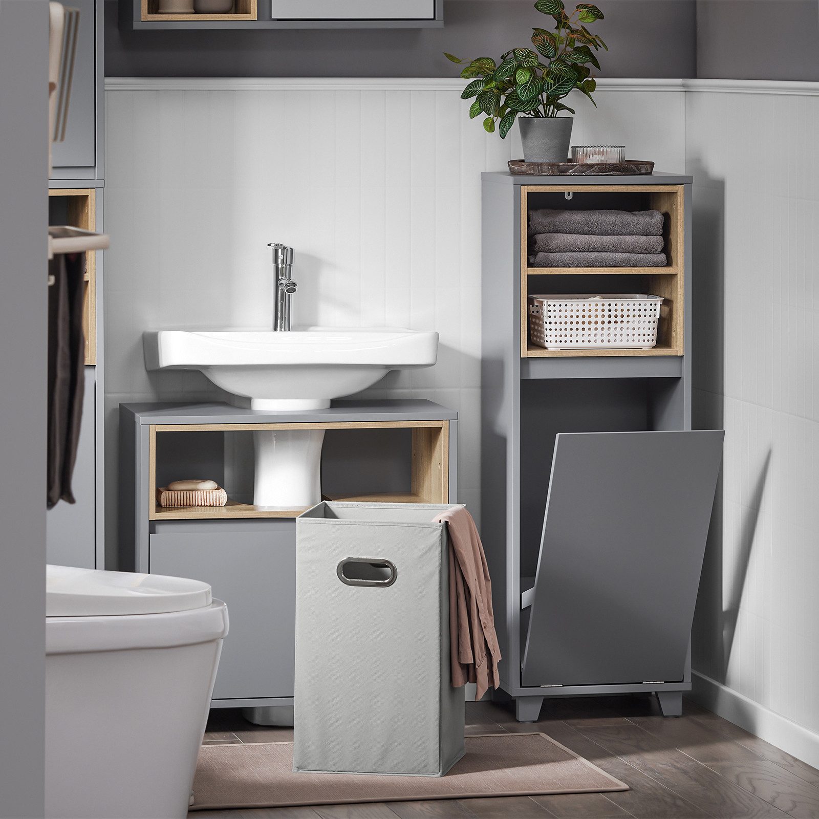 SoBuy Wäscheschrank BZR146, Badezimmerschrank Badkommode Badschrank Schrank freistehend Wäscheschrank mit 1 Wäschebox und 2 offenen Fächern, Badezimmer
