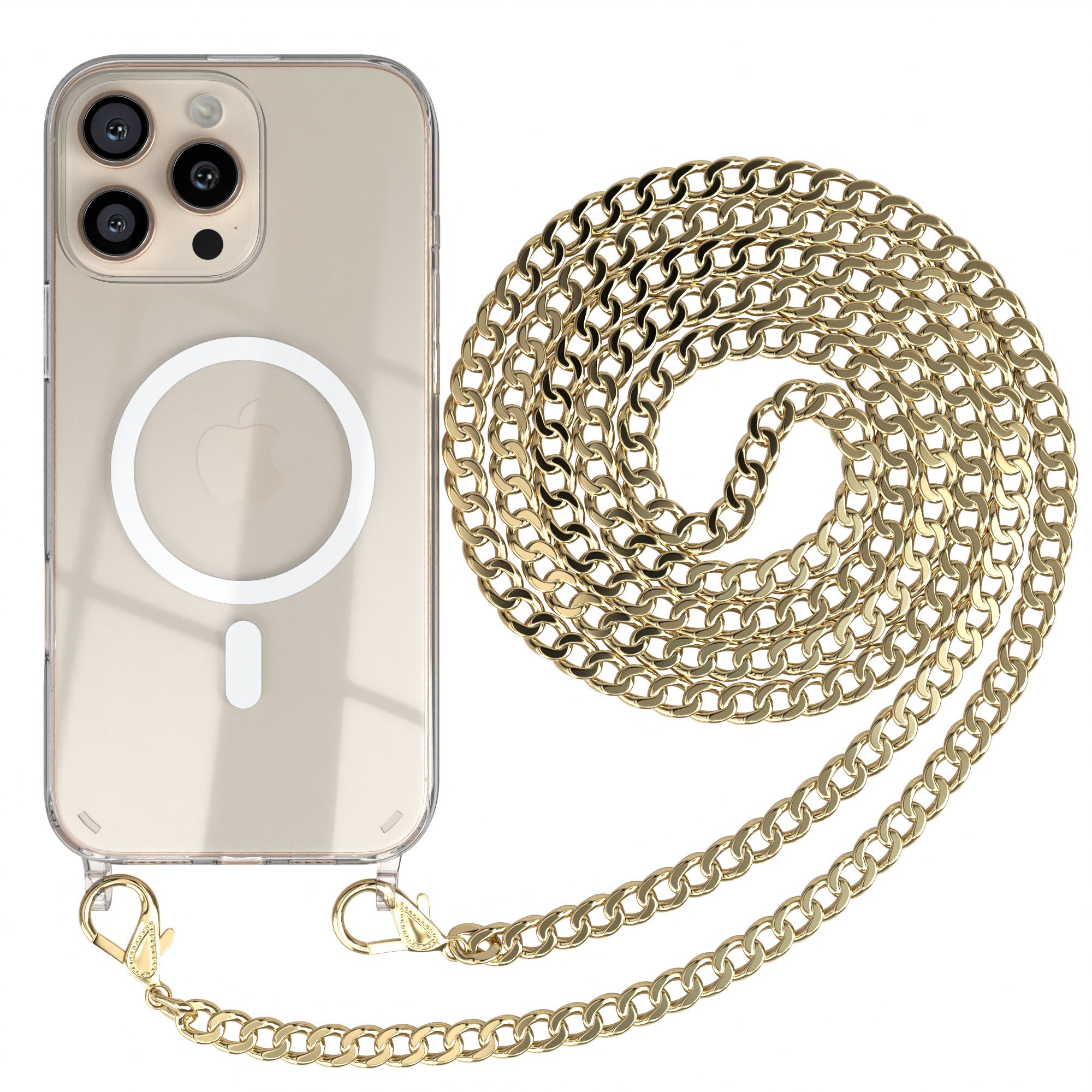 EAZY CASE Handykette Metallkette MagSafe Hülle für iPhone 16 Pro Max 6,9 Zoll, Handyhülle Transparent Smartphonekette für Unterwegs Necklace in Gold