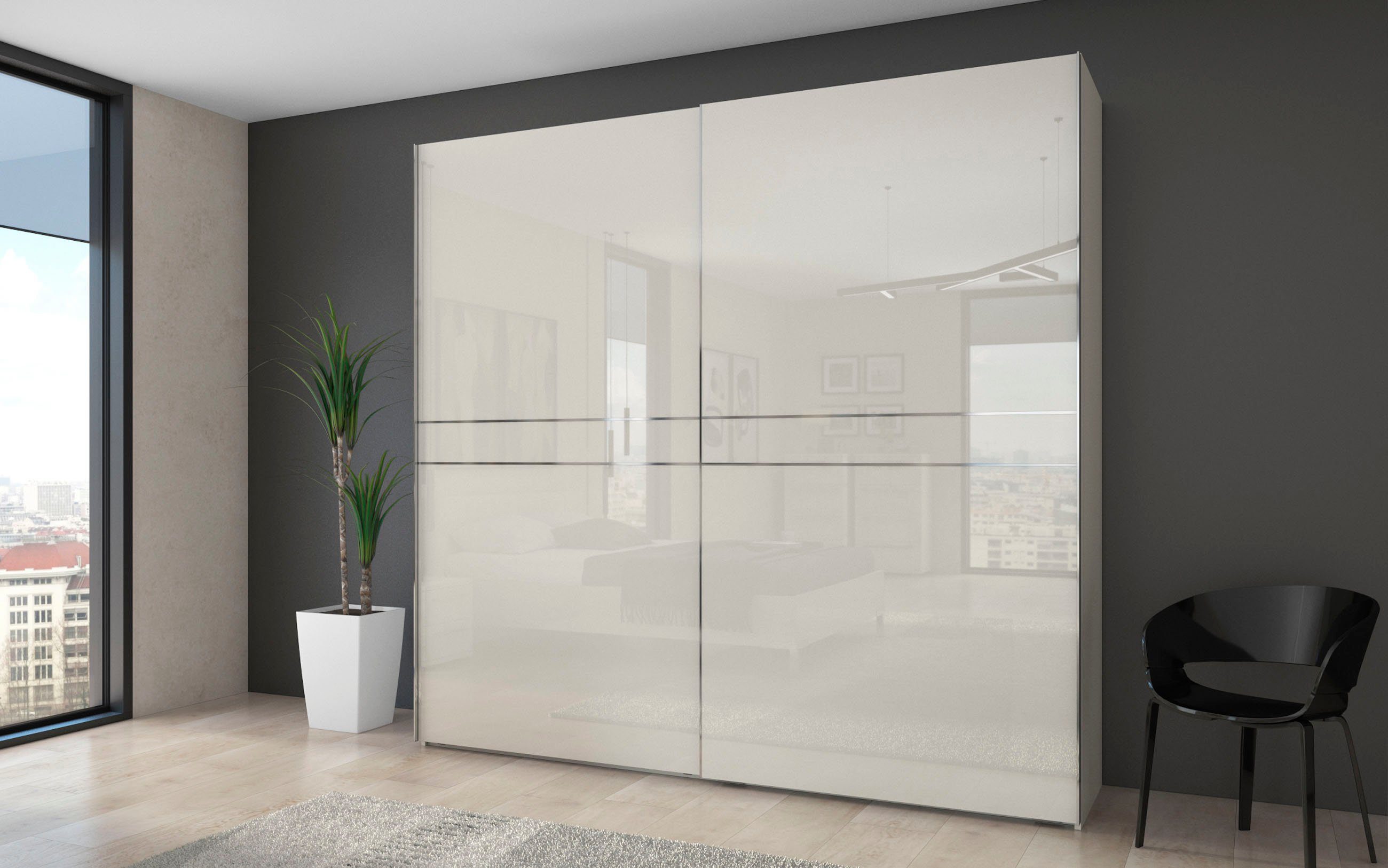 OTTO home Schwebetürenschrank Piano, FSC-zertifiziert, mit Einlegeböden und Kleiderstangen (in 3 Breiten, 224cm hoch, mit verchromten Aufleistungen) UV lackiert – Bild 2 von 5