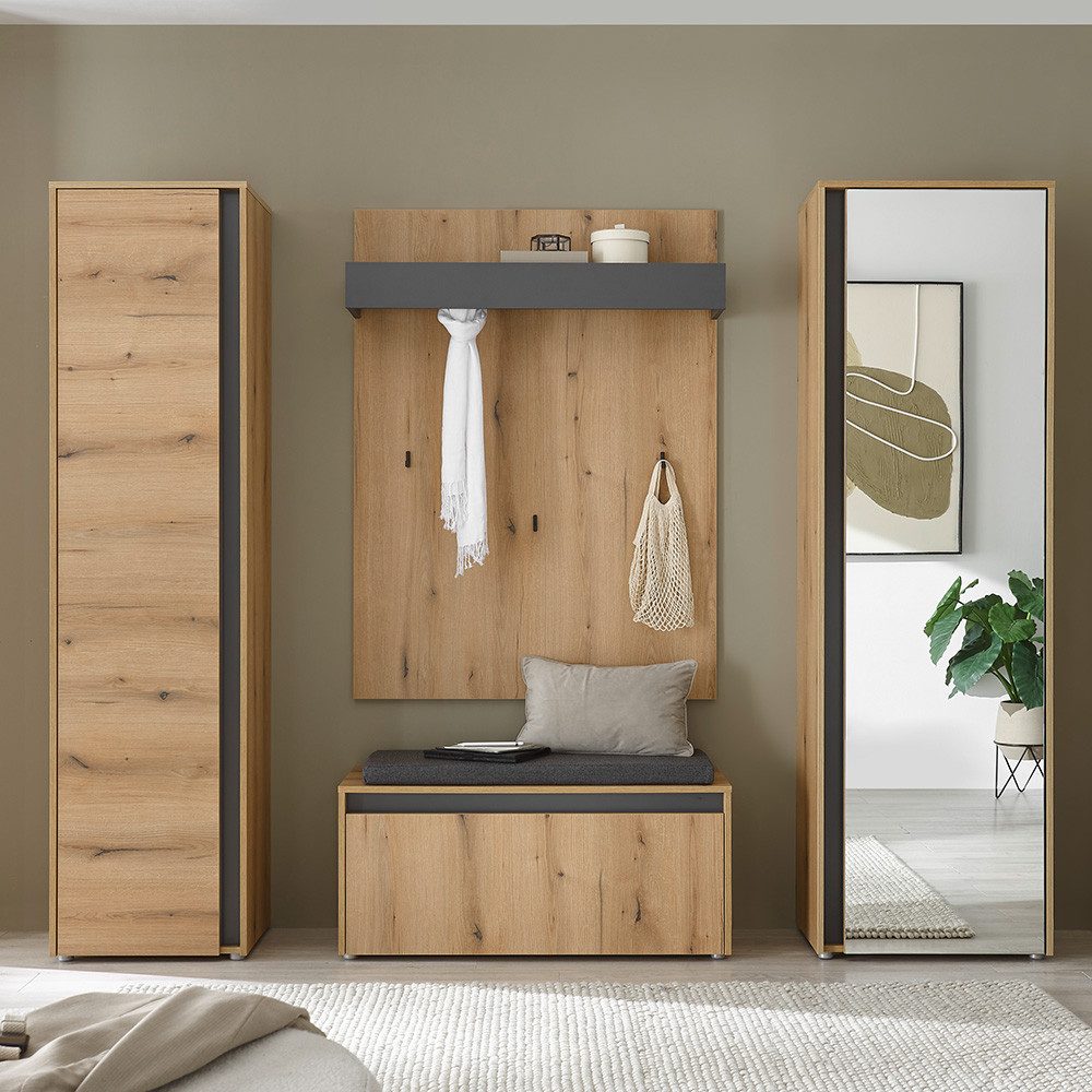 Lomadox Garderoben-Set CRISP-61, (Spar-Set, 4-St., Garderobenpaneel Schuhbank Flurschränke), Eiche Nb. mit anthrazit, grifflos, Spiegelfläche