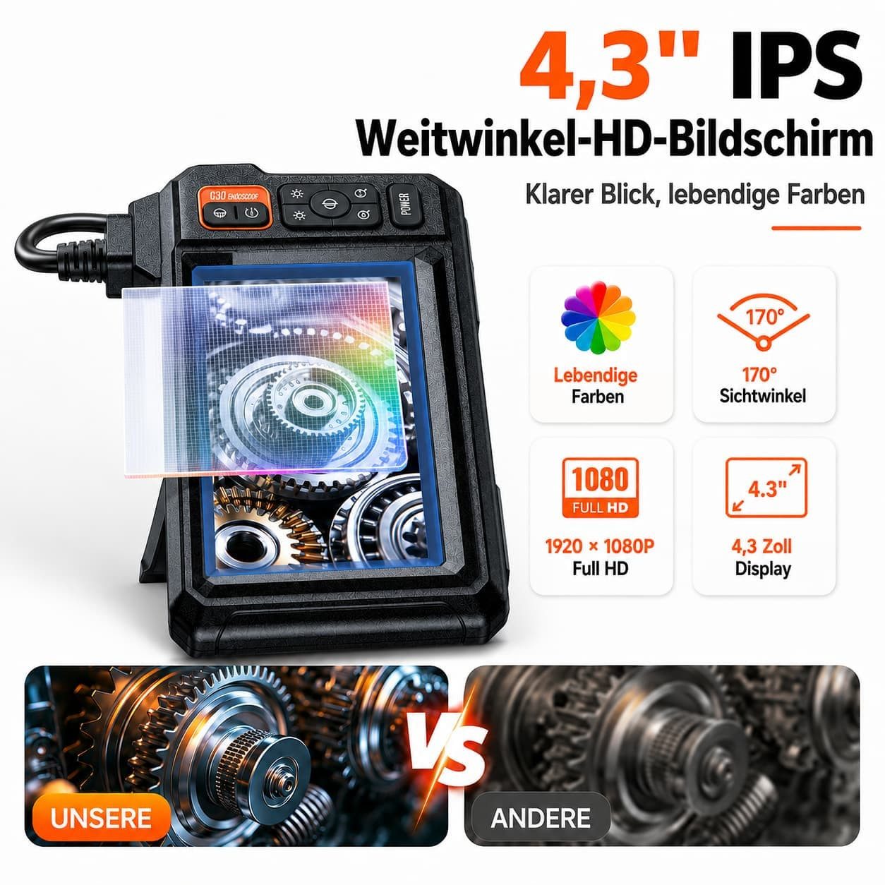 ANYSUN Endoskopkamera 4.3" IPS Bildschirm mit LED Licht HD Rohrkamera Inspektionskamera (Endoskop, Professionelles Endoskop 5 m Kabel für Auto, Haus & Rohrinspektion)