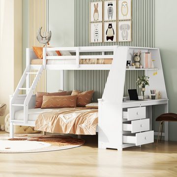 SOFTWEARY Etagenbett mit 2 Schlafgelegenheiten, Lattenrost, Schreibtisch und Rausfallschutz (90x200 cm/140x200 cm), Jugendbett
