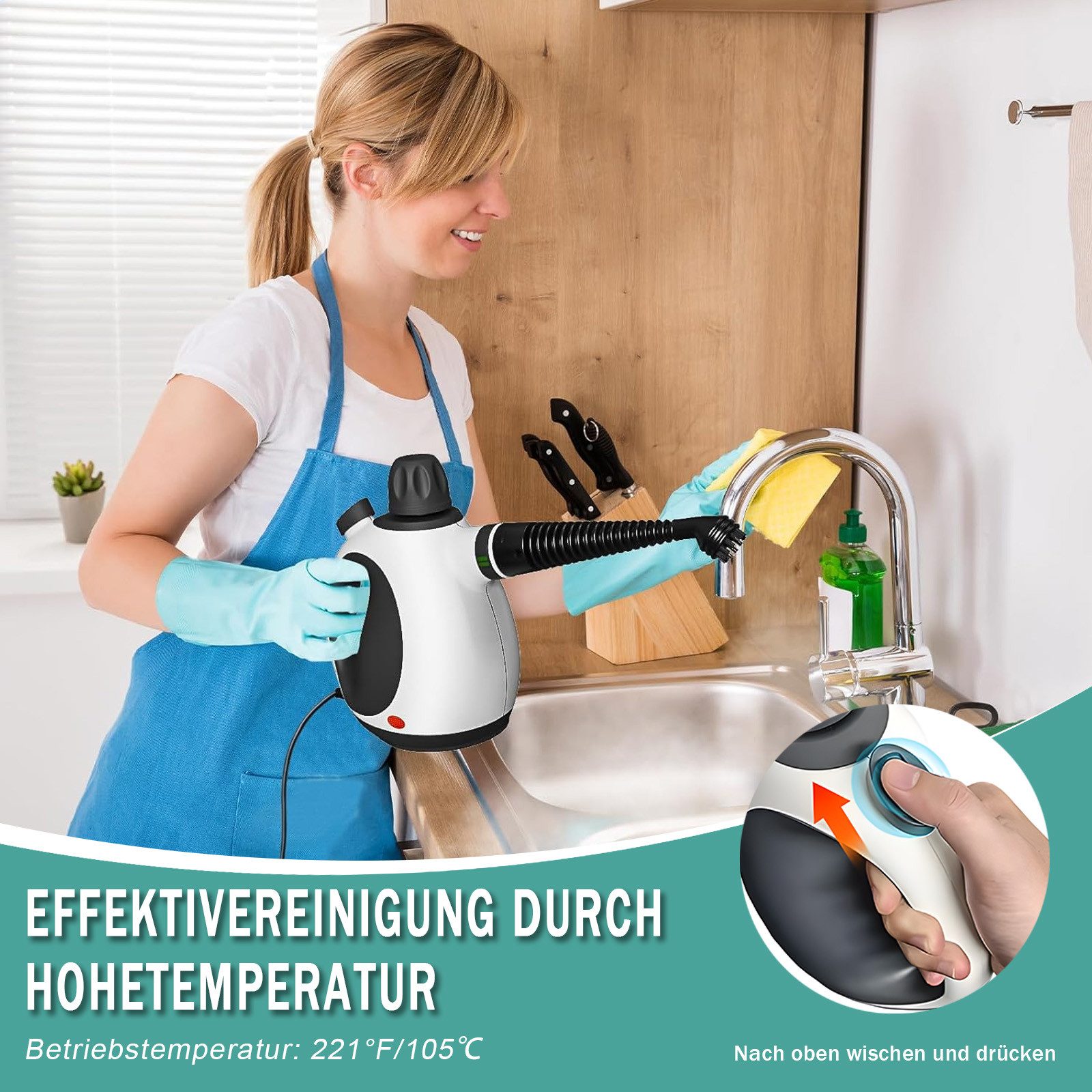 AKKEE Handdampfreiniger Mehrzweck-Dampfreiniger 320 Kpa Küchenreiniger tragbarer Reiniger, 1050 W, mit 14 Zubehörteilen, Ergonomischer Griff