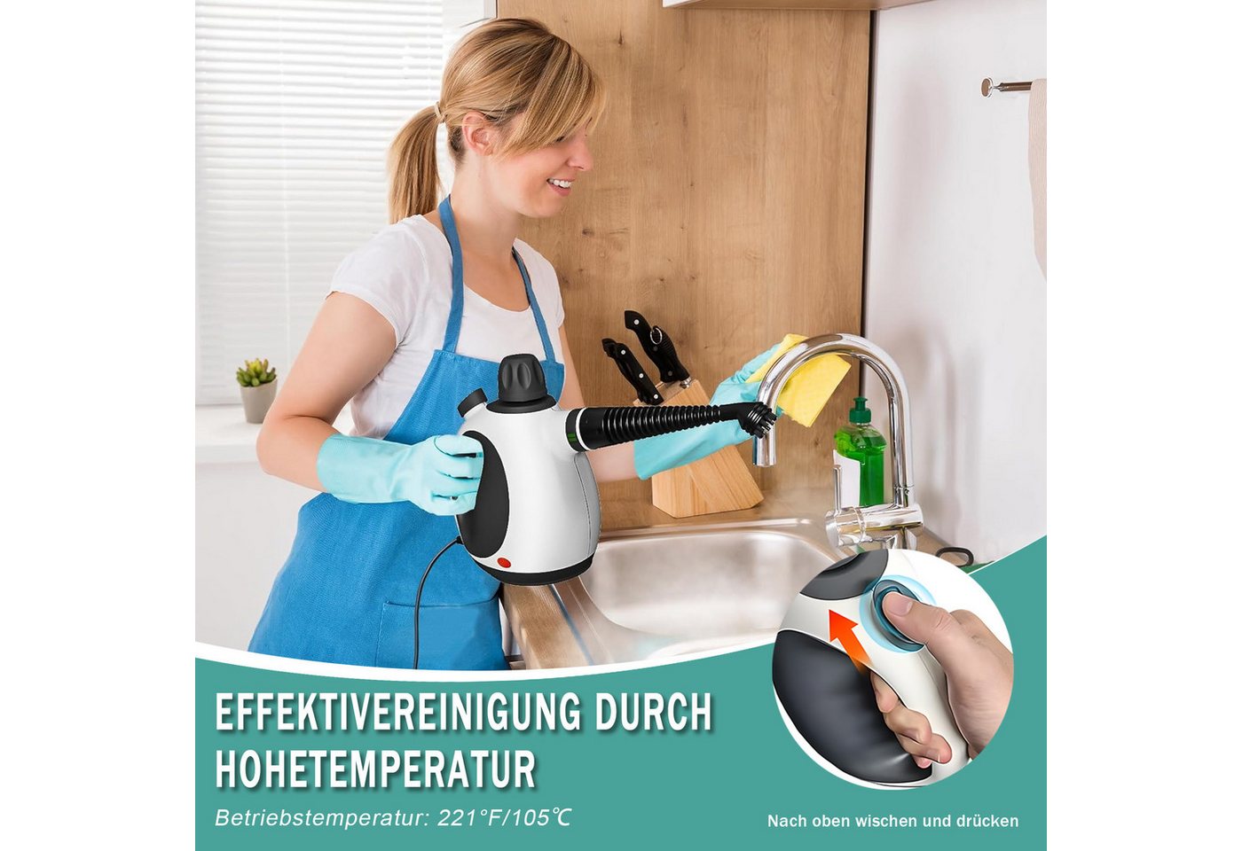 AKKEE Handdampfreiniger Mehrzweck-Dampfreiniger 320 Kpa Küchenreiniger tragbarer Reiniger, 1050 W, mit 14 Zubehörteilen, Ergonomischer Griff