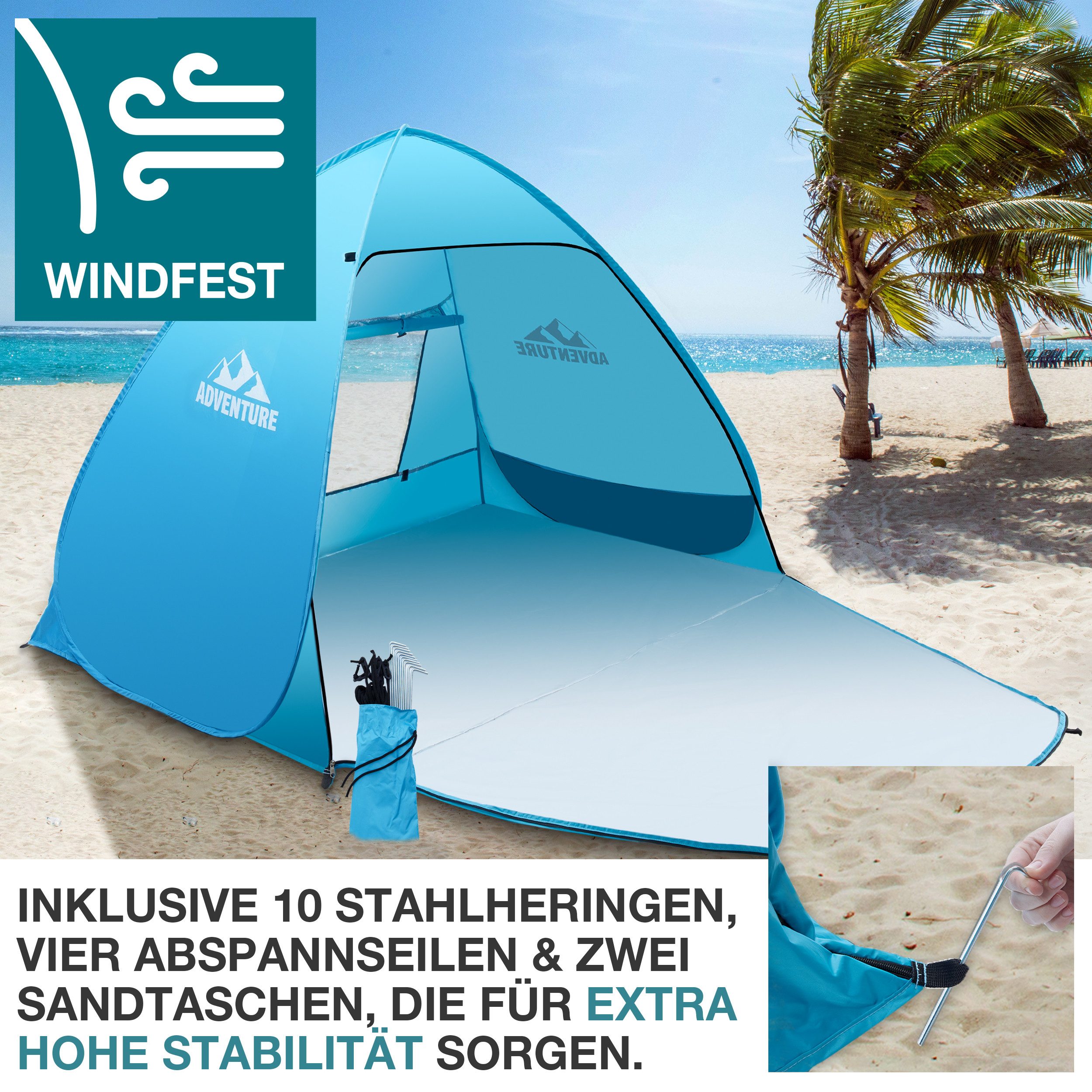 TOM Strandmuschel Pup-Up inklusive Wasserball, Personen: 3, LSF 50+, 190T PU-Gewebe, 230x125x175cm (B x H x T)