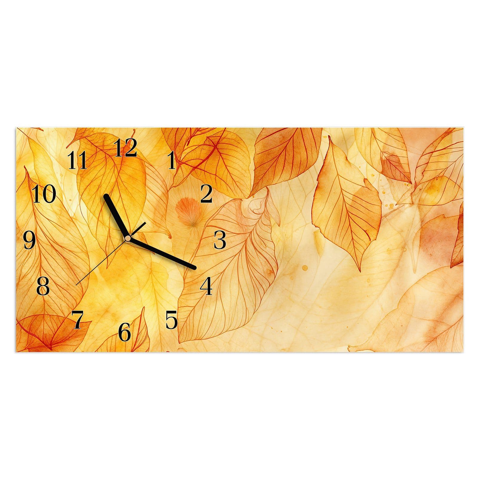 Wanduhr Glasuhr Wandkunst Größe 60 x 30 cm mit Motiv Herbstblätter