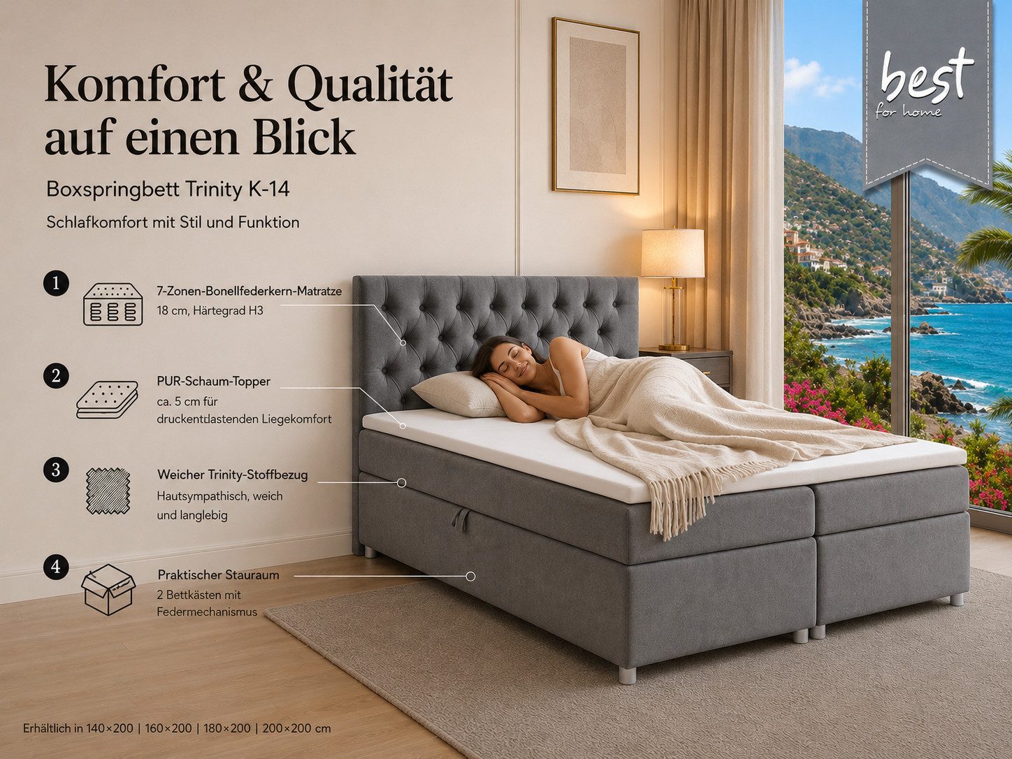 Best for Home Boxspringbett Trinity K-14 mit 7-Zonen-Matratze und Stauraum (Boxspringbett-Set, 1-St., Boxspringbett-Set inklusive Matratze, Topper und Bettkäste – Bild 3 von 5