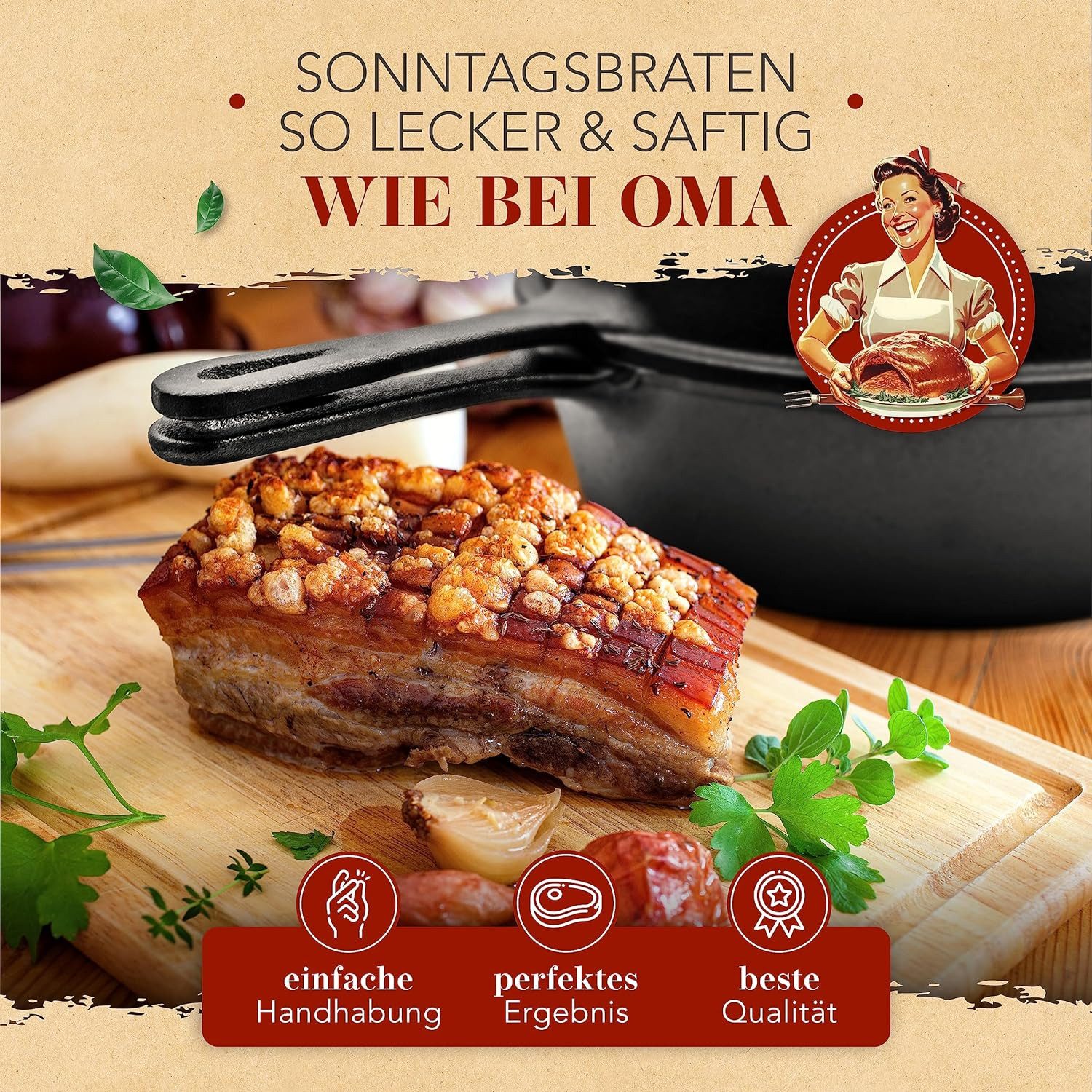 Krustenzauber Schmortopf Gusseisen Topf [inkl. Fleischgabel] -, (Robuster 26cm Gusseisen Bräter mit Deckel Backofengeeignet, Ideal als Schmortopf Induktion, Dutch Oven Set, Kazan, Cast Iron Pot)