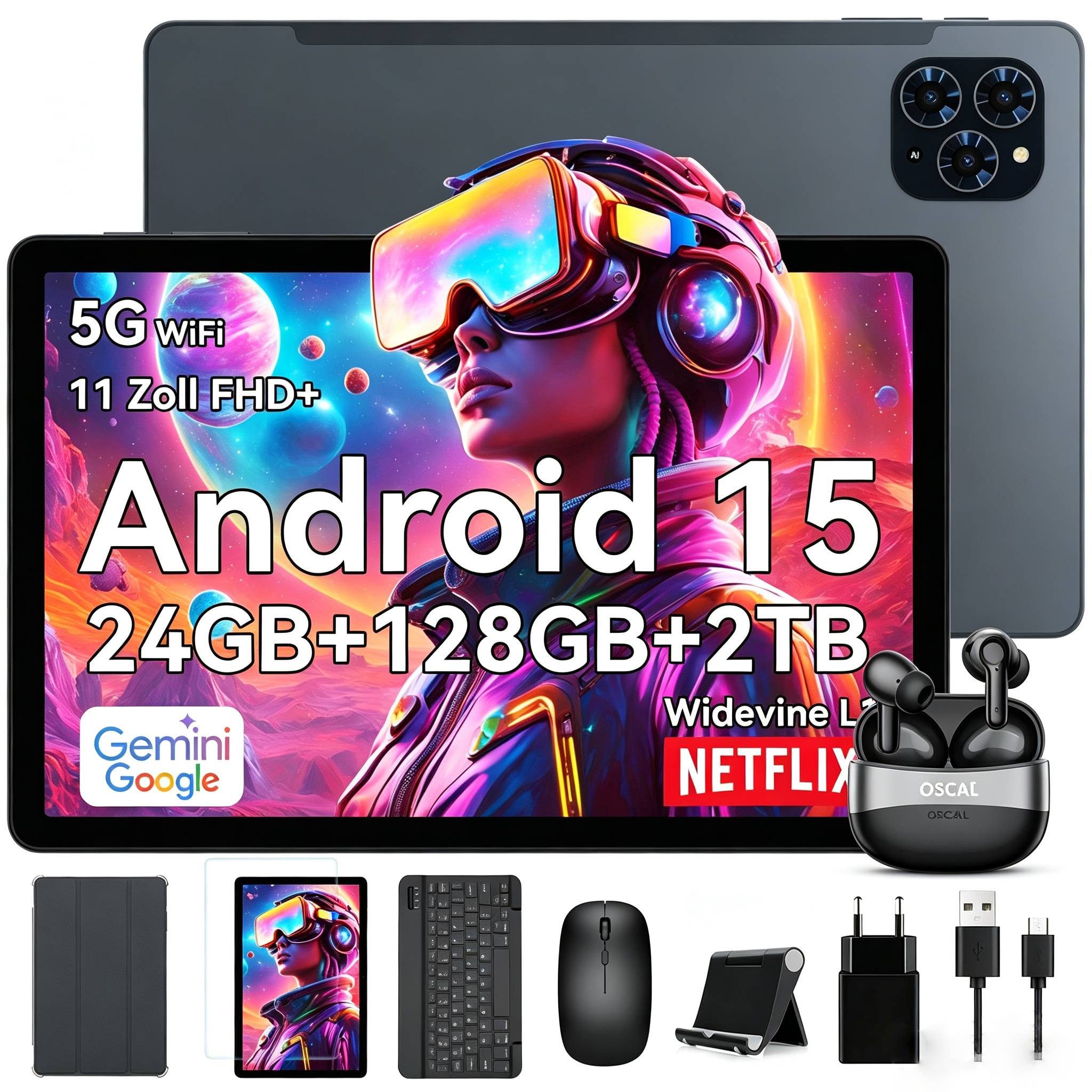 TABWEE T90 11" FHD Android 16 Tablet mit Tastatur Maus Hülle Kopfhörer Tablet (11"", 128 GB, Android16, Android 16, FHD Display, Widevine L1, Gemini AI, 13 MP)