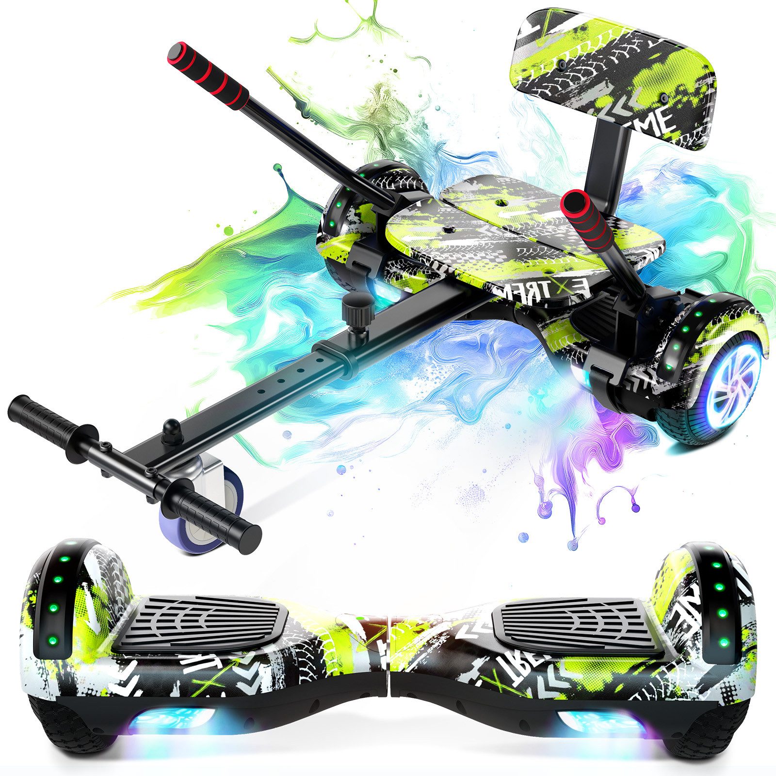 SISIGAD Balance Scooter Kart Set, 6,5'' Hoverboard mit kart,LED, Bluetooth, 8 km/h, 160W, Hoverboards mit Sitz, bis zu 7-8km,Geschenke für Kinder