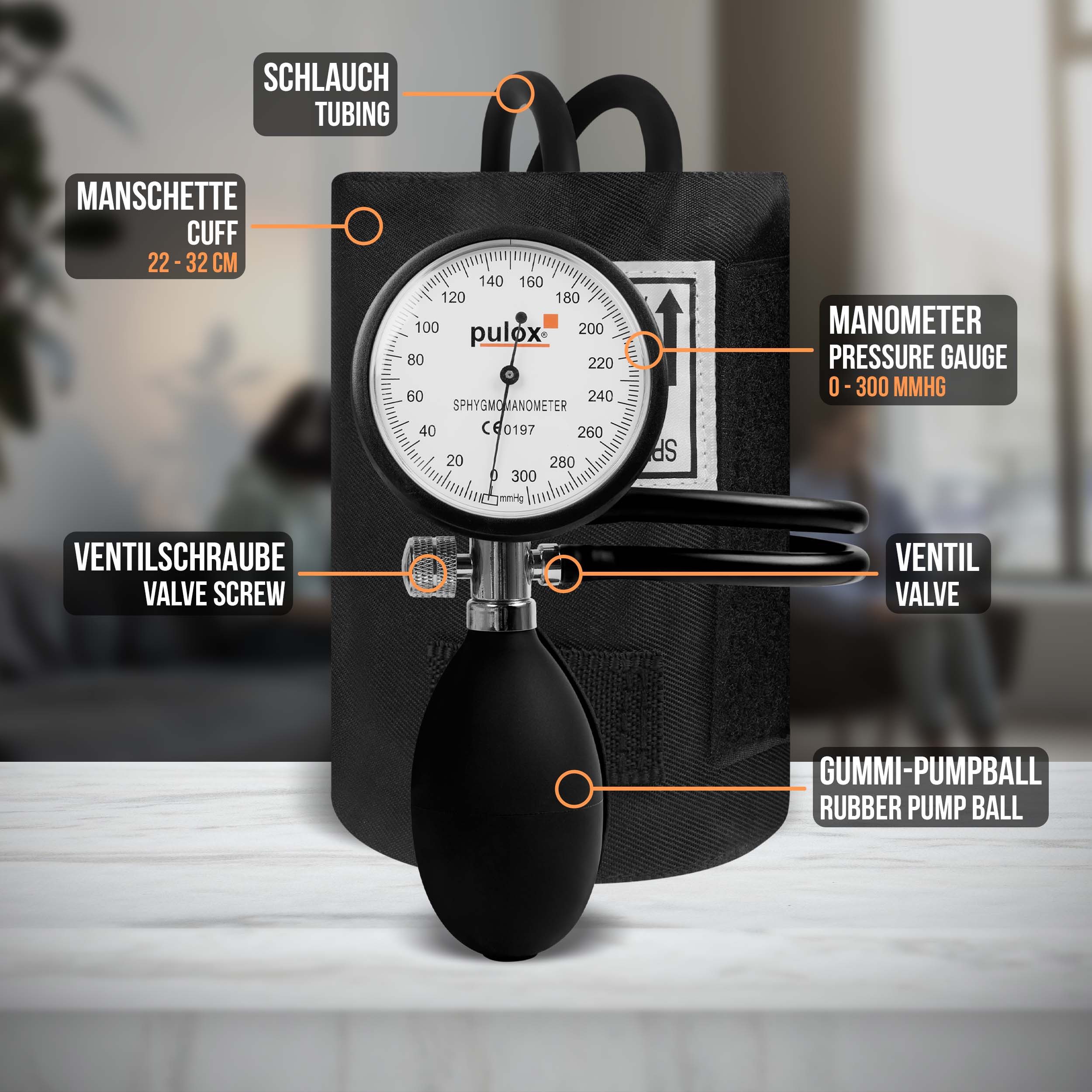 pulox Blutdruckmessgerät Manuelles Aneroid Doppelschlauch-Sphygmomanometer mit Tasche