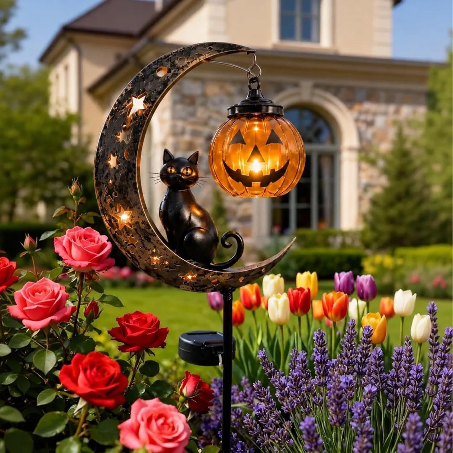 nsihing Gartenleuchte Solar Halloween-Schwarze Katze & Kürbis-Mond Gartensteckleuchte – Bild 3 von 5