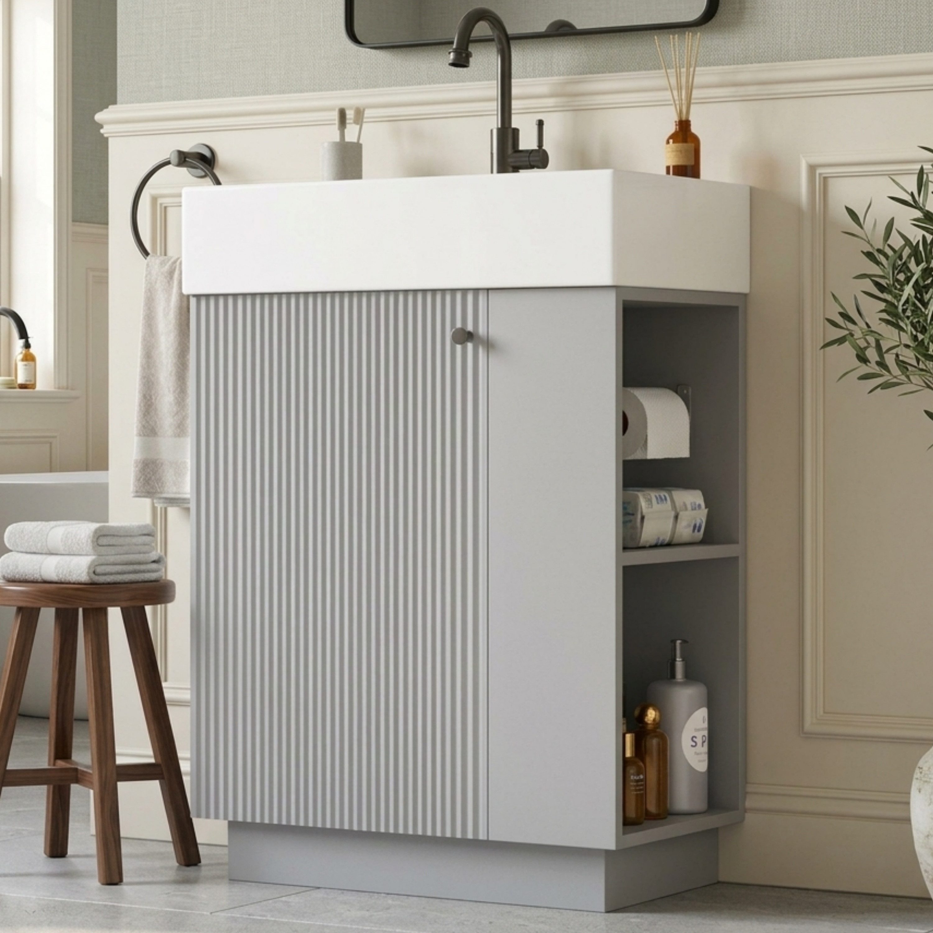 Merax Waschtisch mit Waschbecken, Badmöbel freistehend, geriffelte Holzoptik (55×32×87cm, 1-St., Unterschrank ohne Wasserhahn), Badzimmerschrank mit Soft-Close Tür, Stauraum & Toilettenpapierhalter
