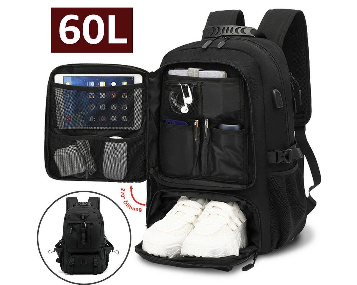NULSTA Reiserucksack Erweiterbarer Sportrucksack XL mit Schuhfach Schulrucksack (Notebook Laptop Tasche Schule Uni Rucksack, Anti-Diebstahl), für Fitnessstudio Arbeit Camping, Herren Damen, Schwarz