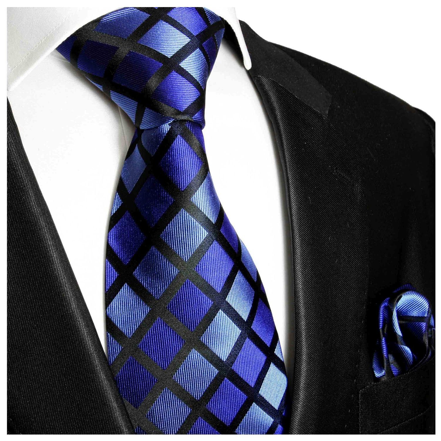 Paul Malone Krawatte Herren Seidenkrawatte mit Tuch modern kariert 100% Seide (Set, 2-St., Krawatte mit Einstecktuch) Schmal (6cm), blau 480 | Breite Krawatten