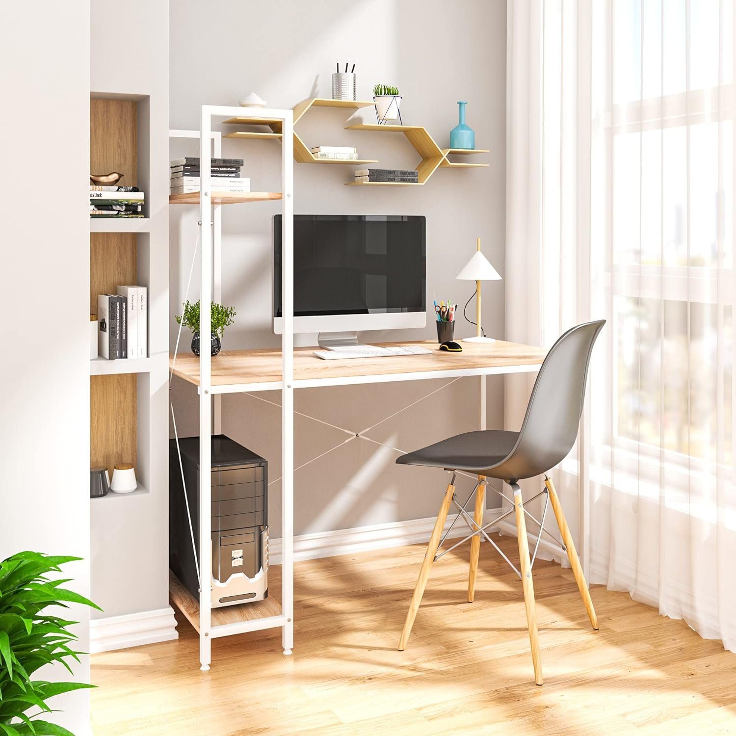 Woltu Schreibtisch (1-St), PC Tisch aus Holz und Stahl, mit Ablagen eiche-weiß | Weiß